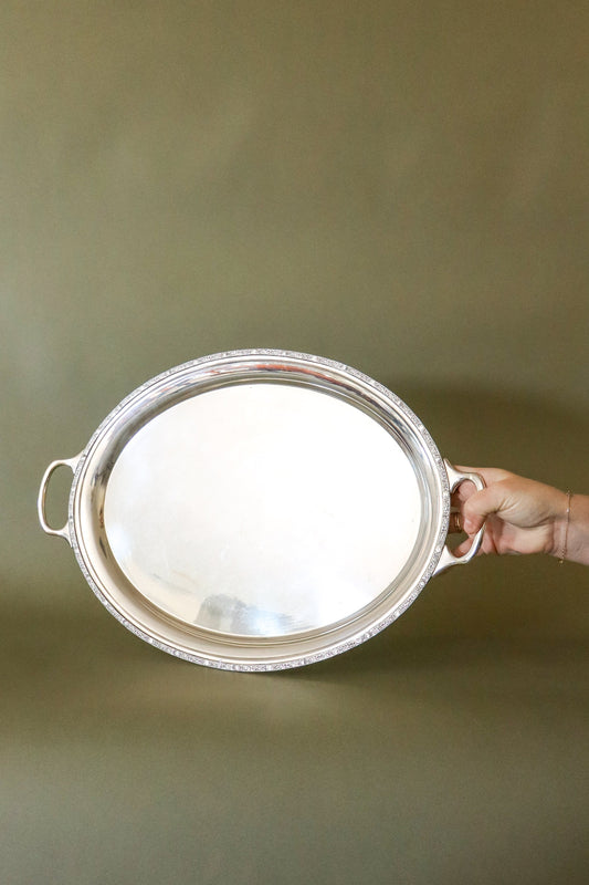 English Silver Plate Handled Oval Tea Tray with Celtic Border (c. 1930)