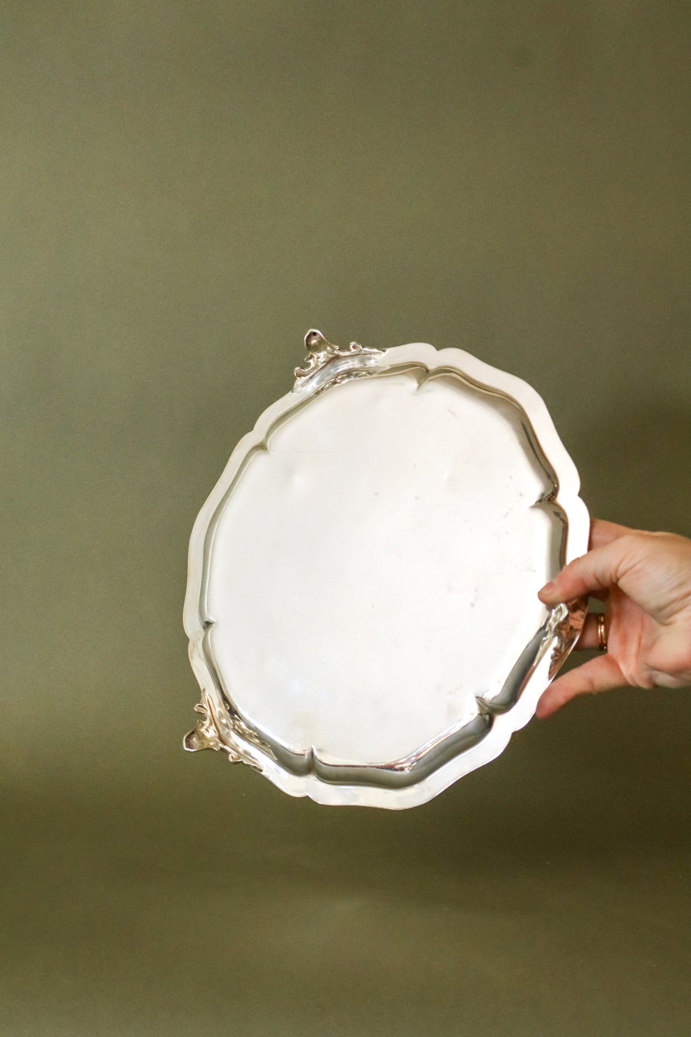Round Etched Scalloped Silverplate Tray With Feet