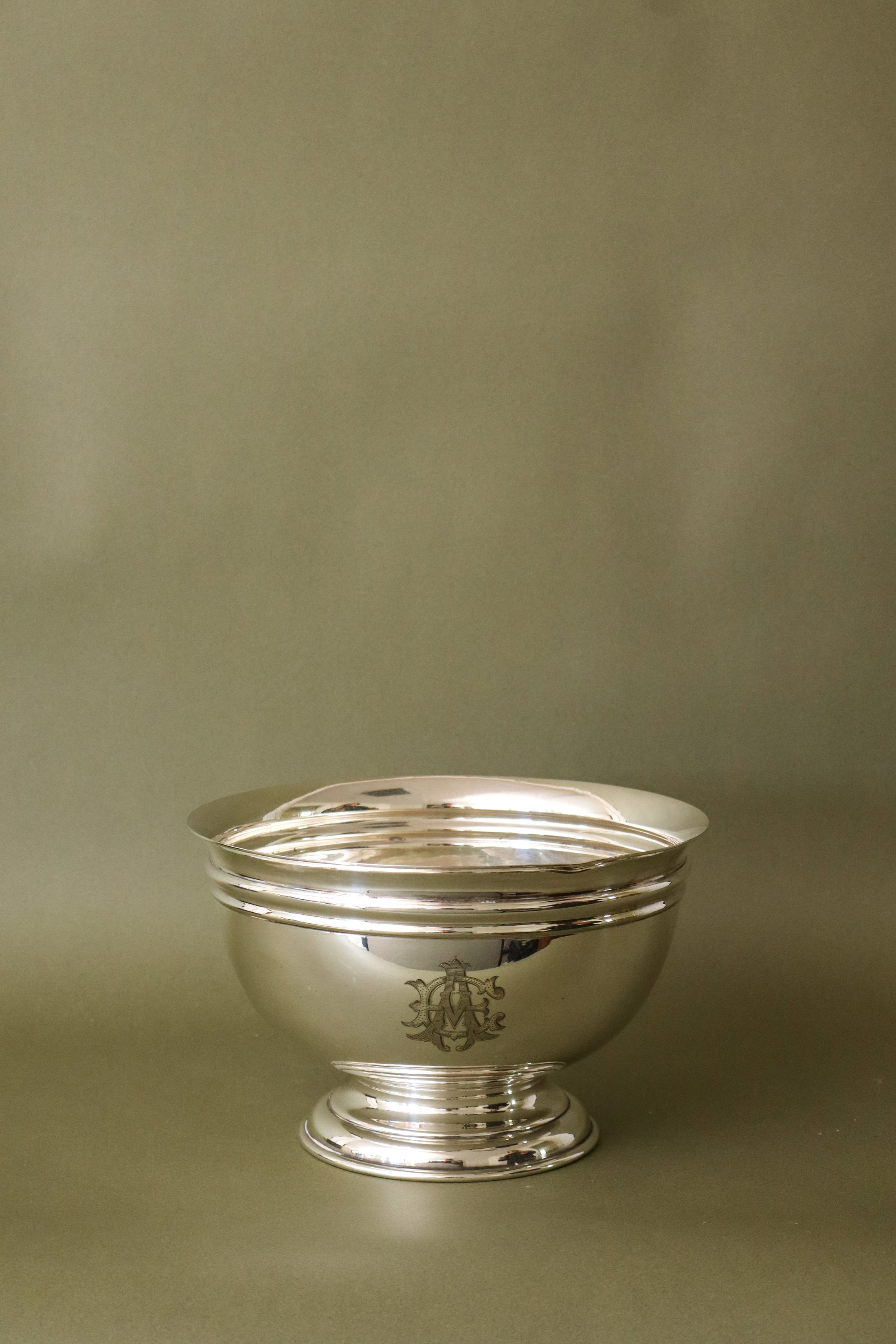 Large English Silver Plate Rose Bowl with Wire Frogger (c. 1920) | Monogrammed Front