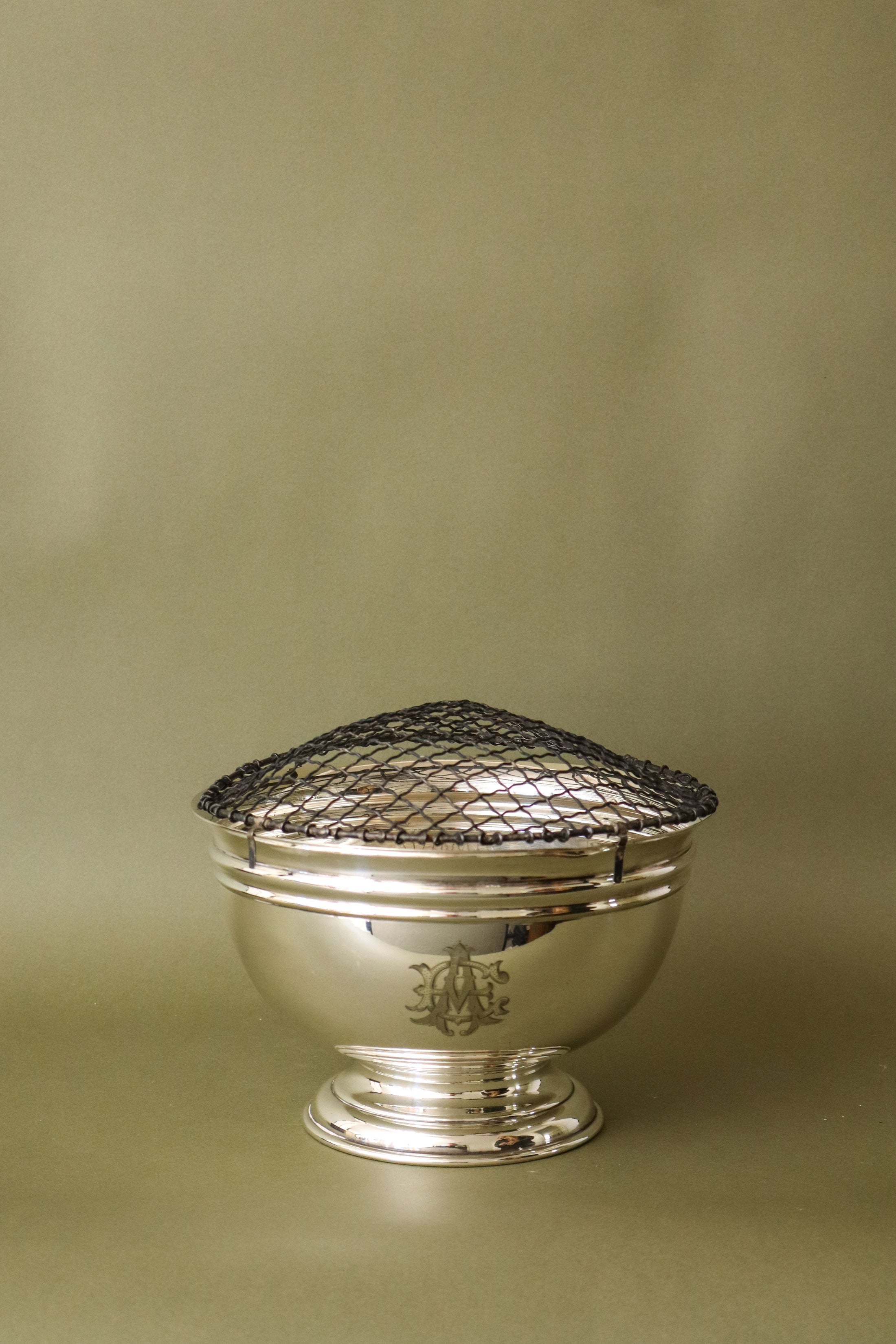 Large English Silver Plate Rose Bowl with Wire Frogger (c. 1920) | Monogrammed Front