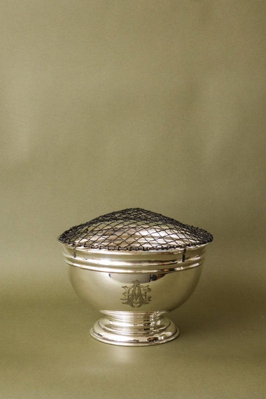 Large English Silver Plate Rose Bowl with Wire Frogger (c. 1920) | Monogrammed Front