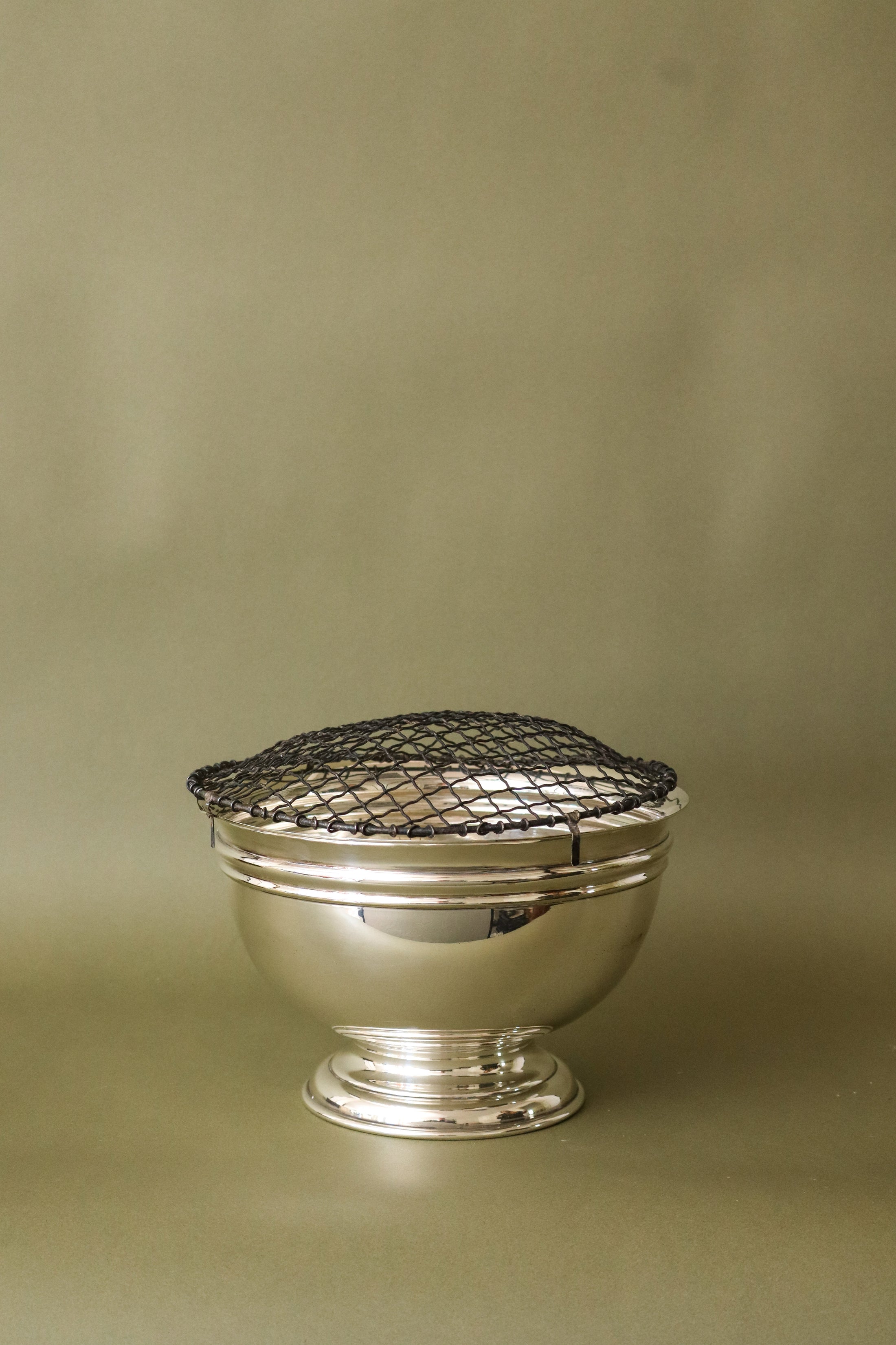 Large English Silver Plate Rose Bowl with Wire Frogger (c. 1920) | Monogrammed Front