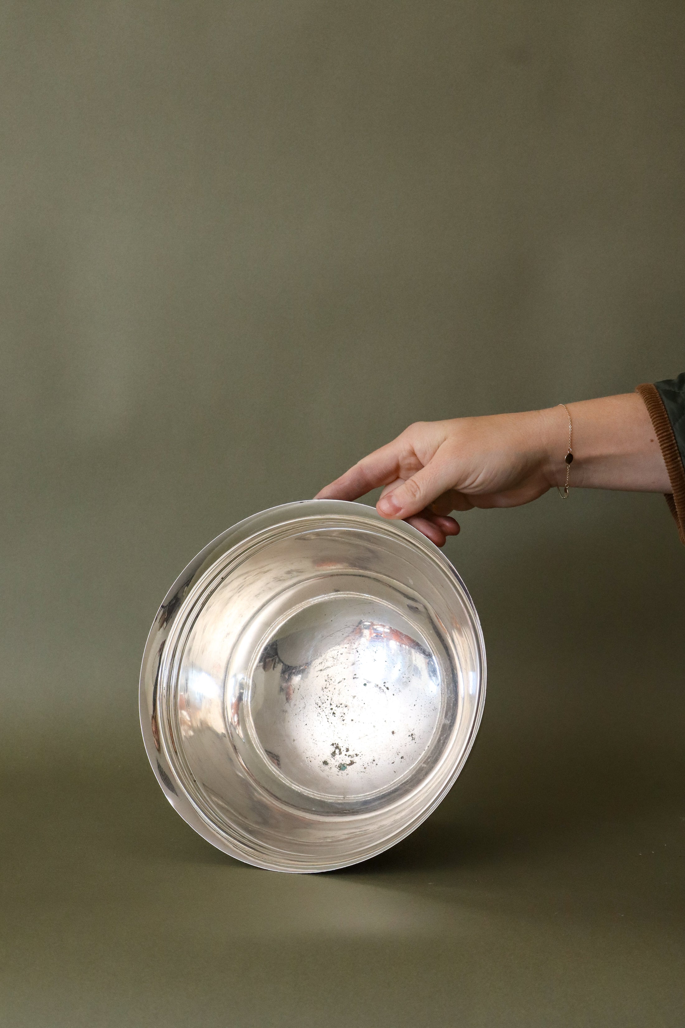 Large English Silver Plate Rose Bowl with Wire Frogger (c. 1920) | Monogrammed Front
