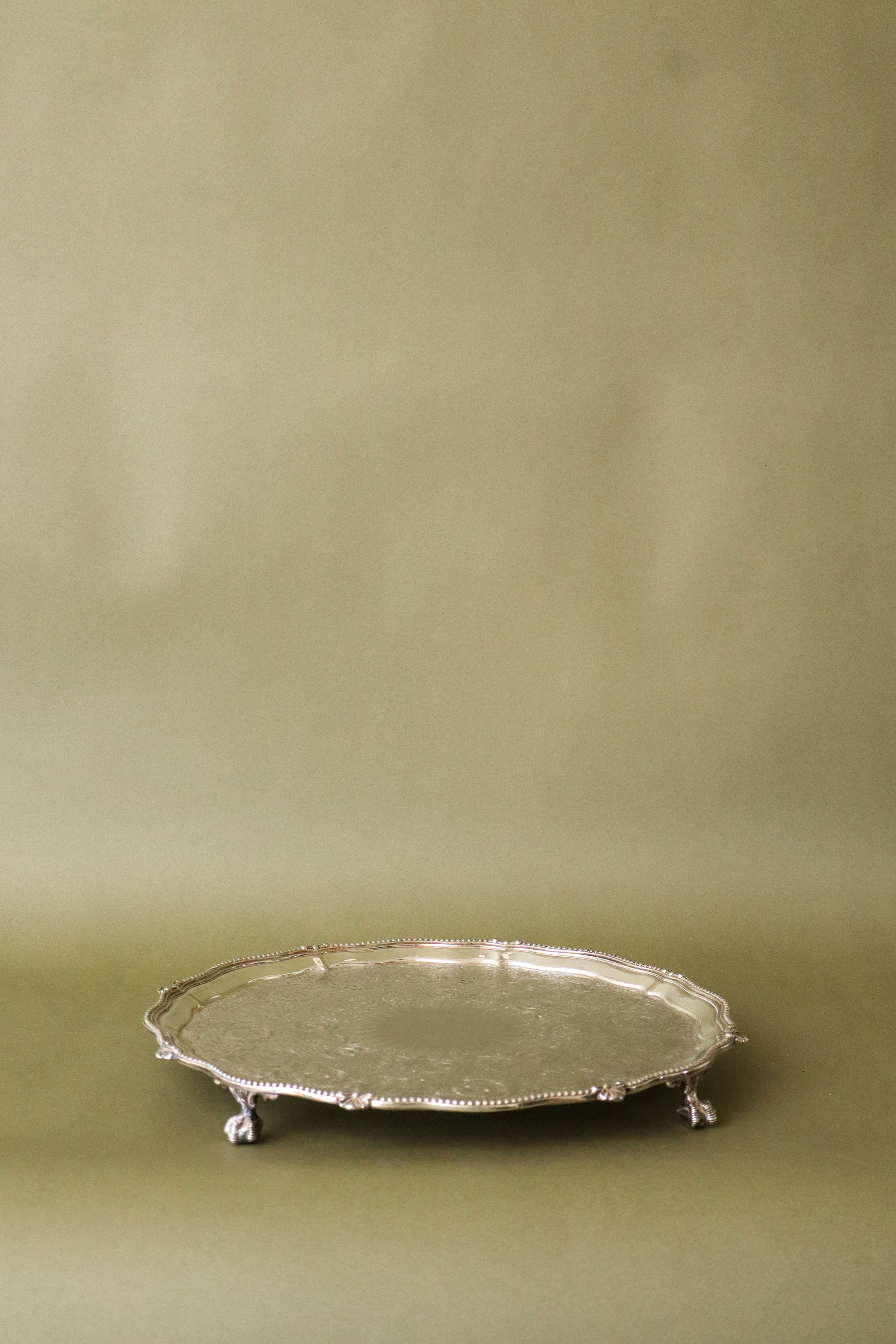 Round English Footed Silver Tray with Scalloped Edge