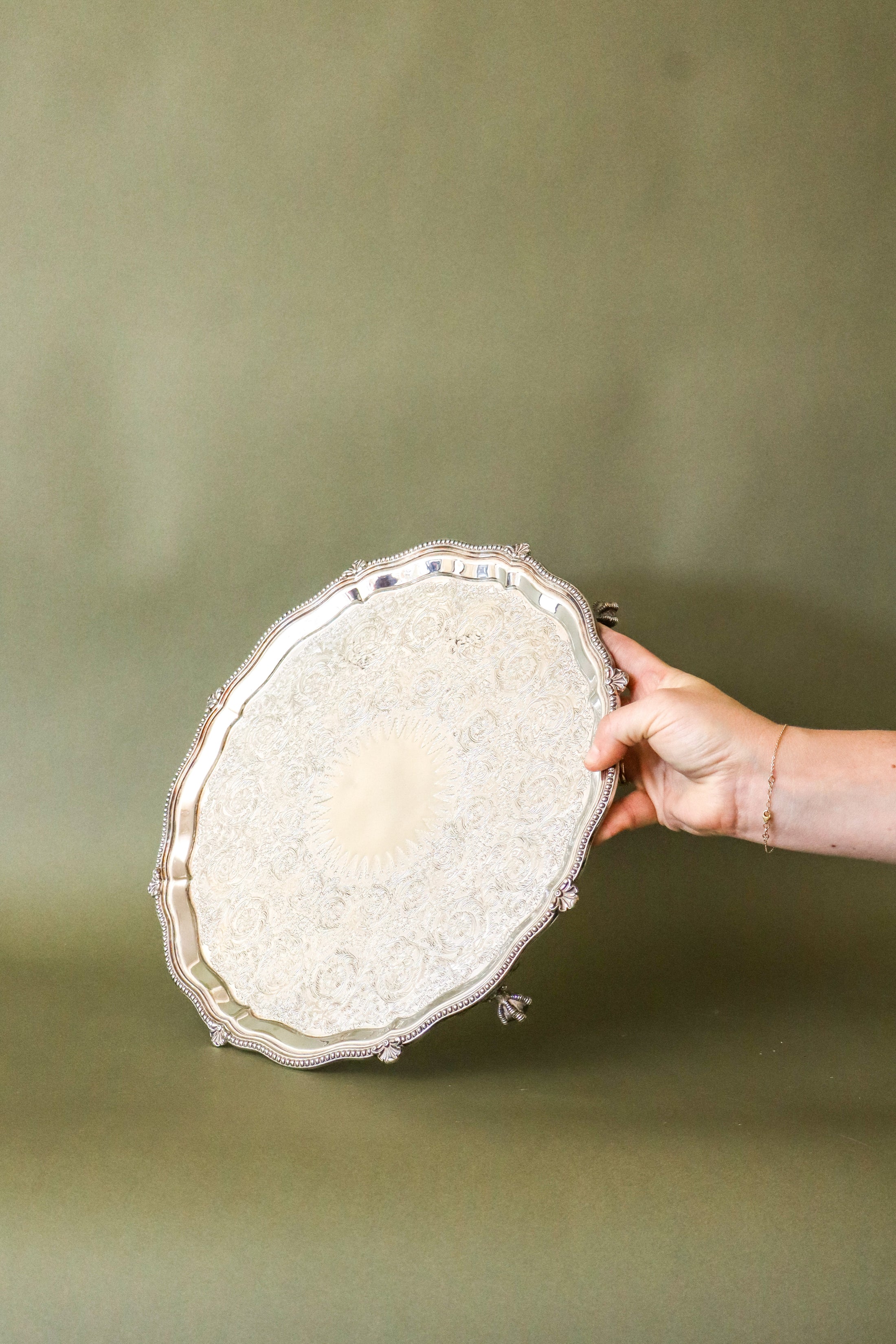 Round English Footed Silver Tray with Scalloped Edge