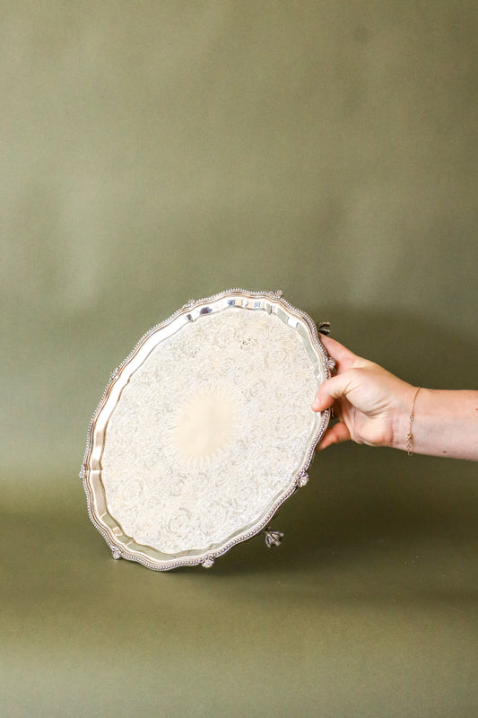 Round English Footed Silver Tray with Scalloped Edge