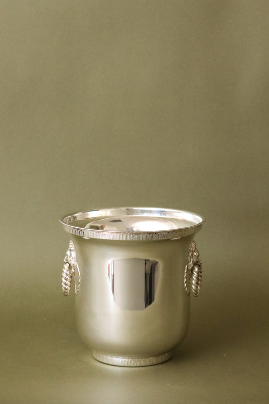 Petite English Silverplate Ice Bucket with Strainer + Lion Head Rope Handles