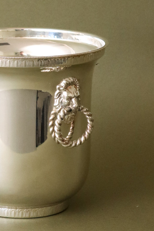 Petite English Silverplate Ice Bucket with Strainer + Lion Head Rope Handles