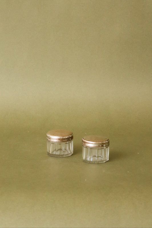 PAIR Victorian Glass + Silver Plate Lid Container