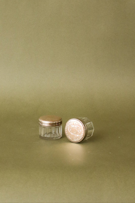PAIR Victorian Glass + Silver Plate Lid Container