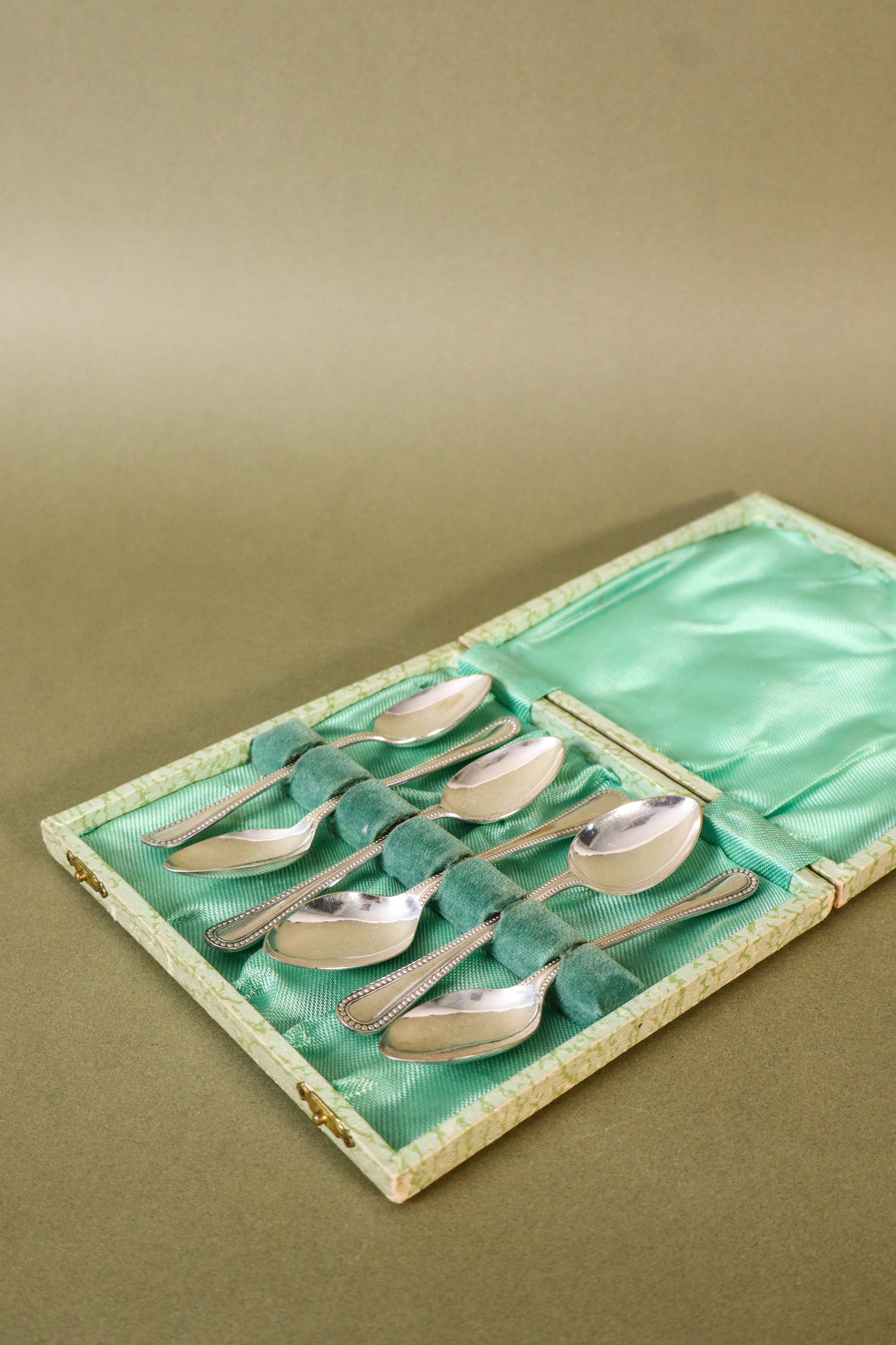 SET of 6 | English Silver Plate Spoons in Original Sage Green Box