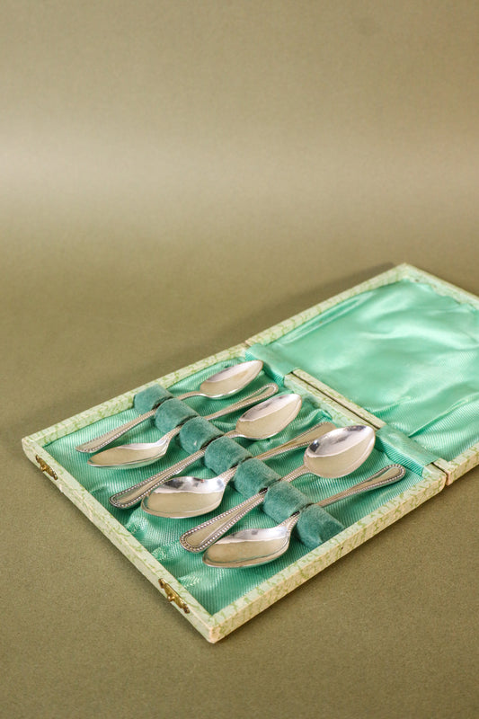 SET of 6 | English Silver Plate Spoons in Original Sage Green Box