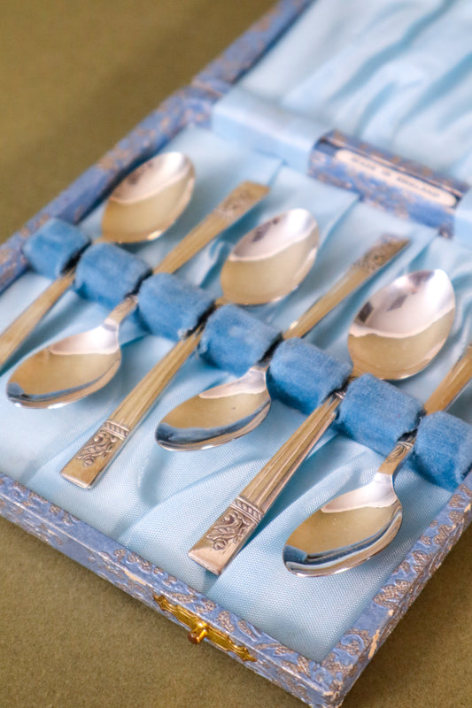 SET of 6 | English Silver Plate Spoons in Original Blue Box