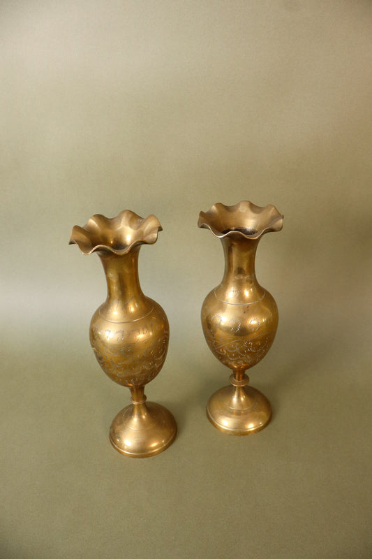 Tall Brass Vase with Scalloped Lip