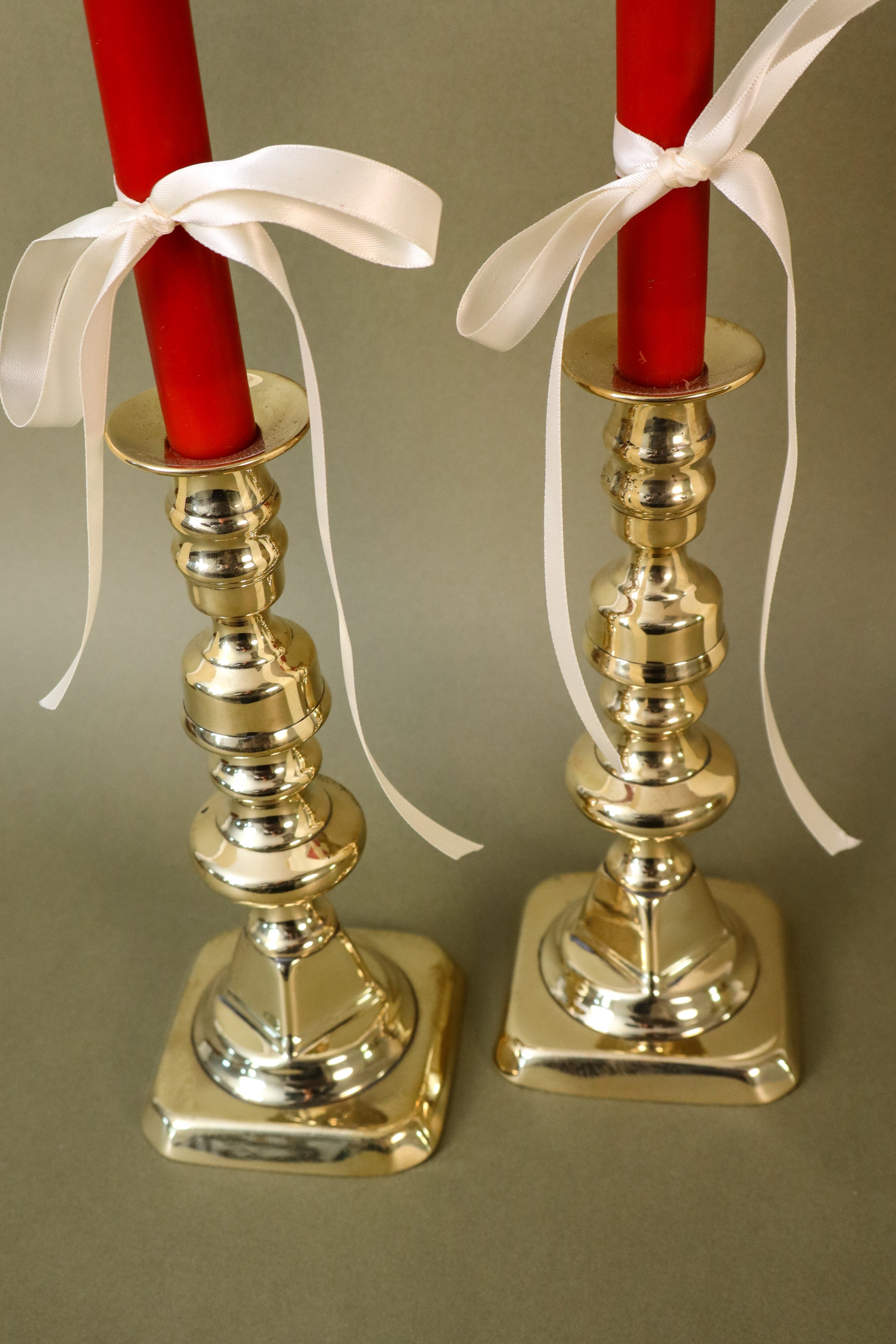 PAIR Lacquered Brass Candlesticks (c. 1920) | 8.75”H