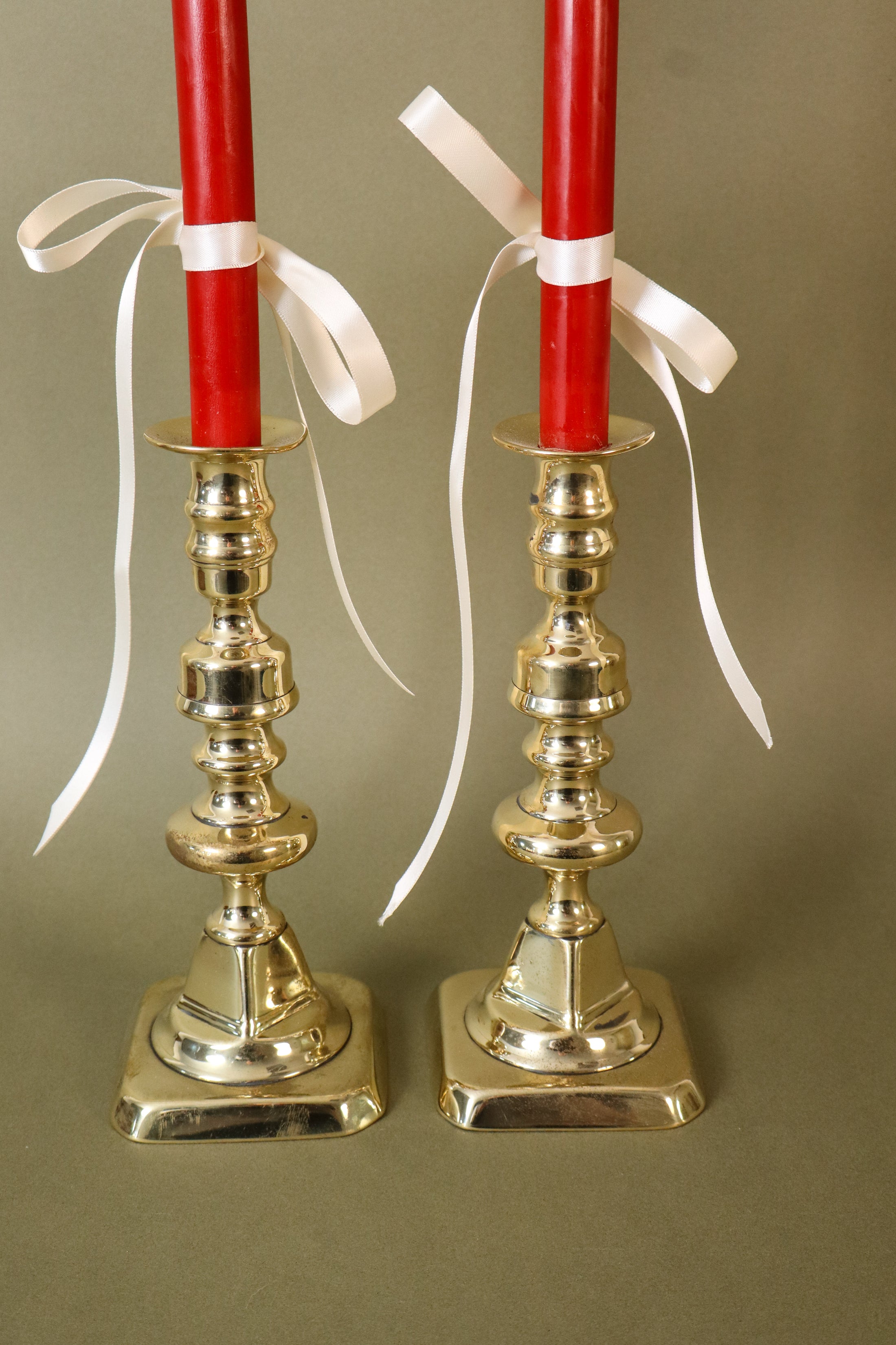 PAIR Lacquered Brass Candlesticks (c. 1920) | 8.75”H