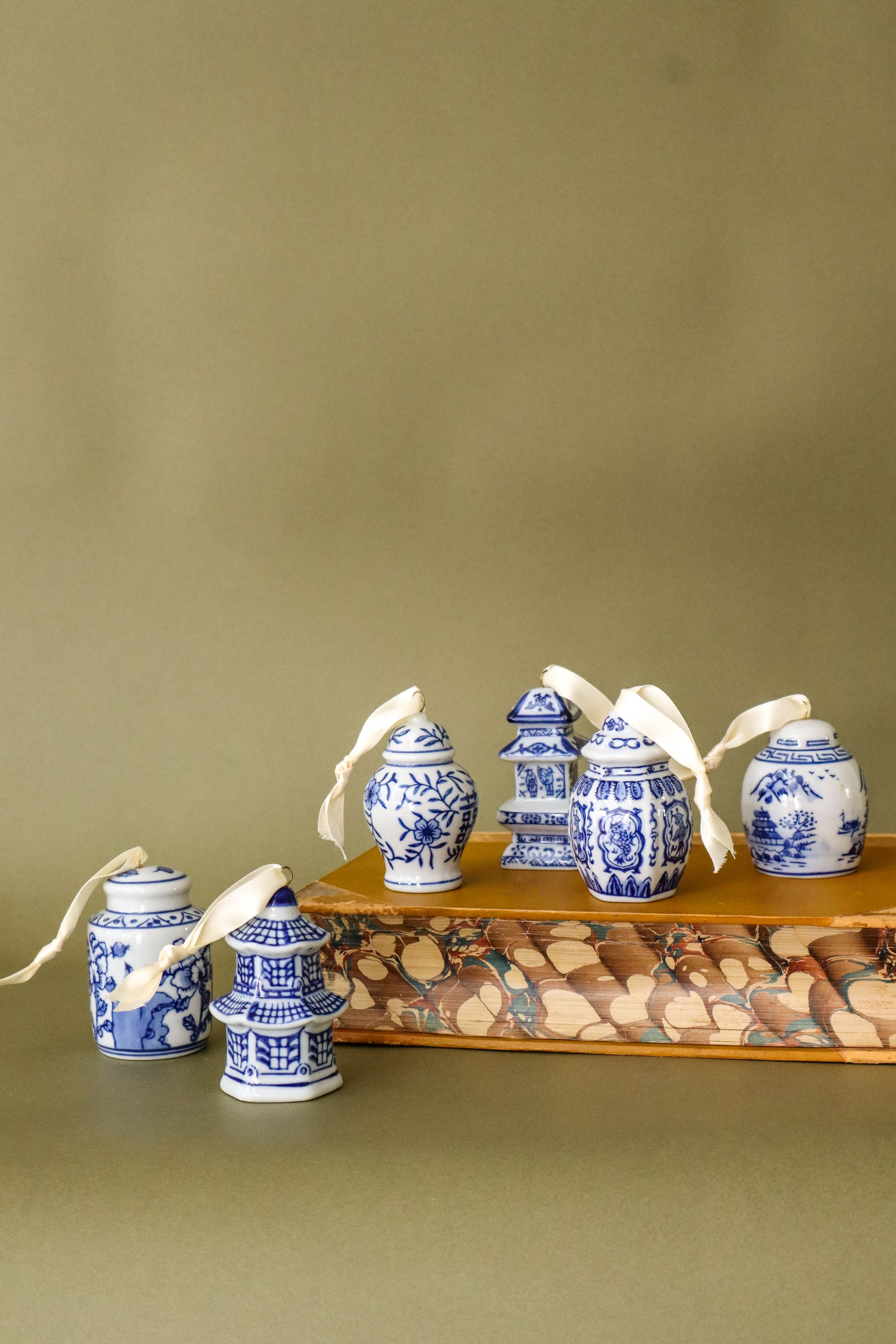 SET OF 6 | Blue & White Glazed Stoneware Ginger Jar Ornaments