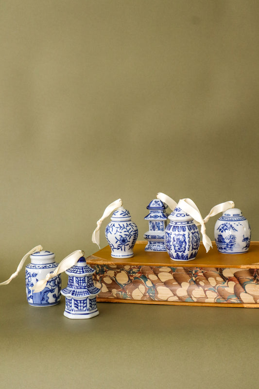 SET OF 6 | Blue & White Glazed Stoneware Ginger Jar Ornaments
