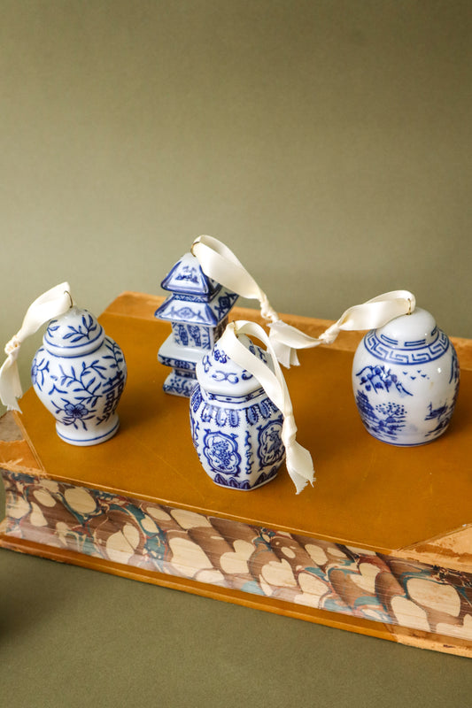 SET OF 6 | Blue & White Glazed Stoneware Ginger Jar Ornaments
