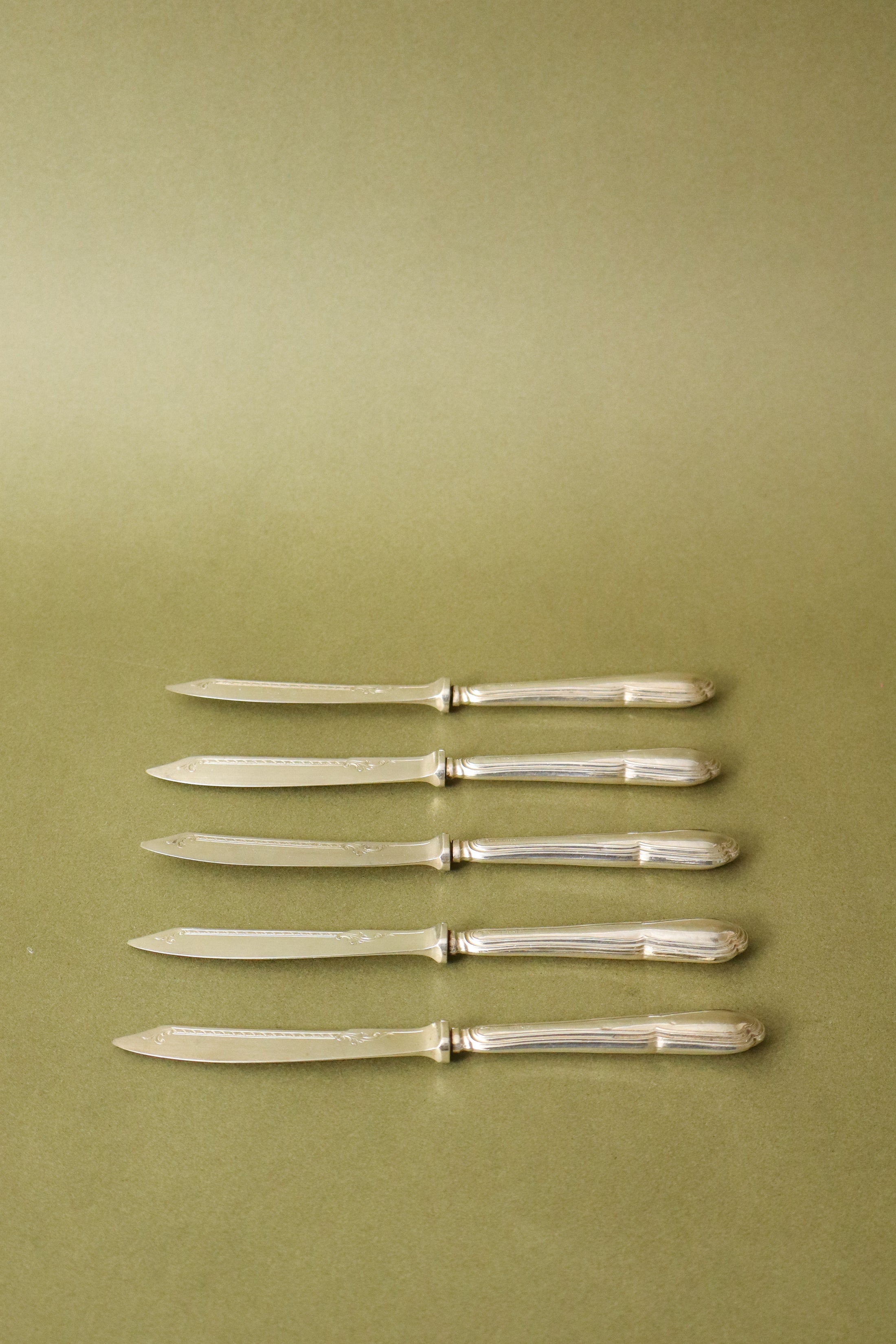 SET of 5 | Antique English Silver Plate Handle Knives with Delicate Etching
