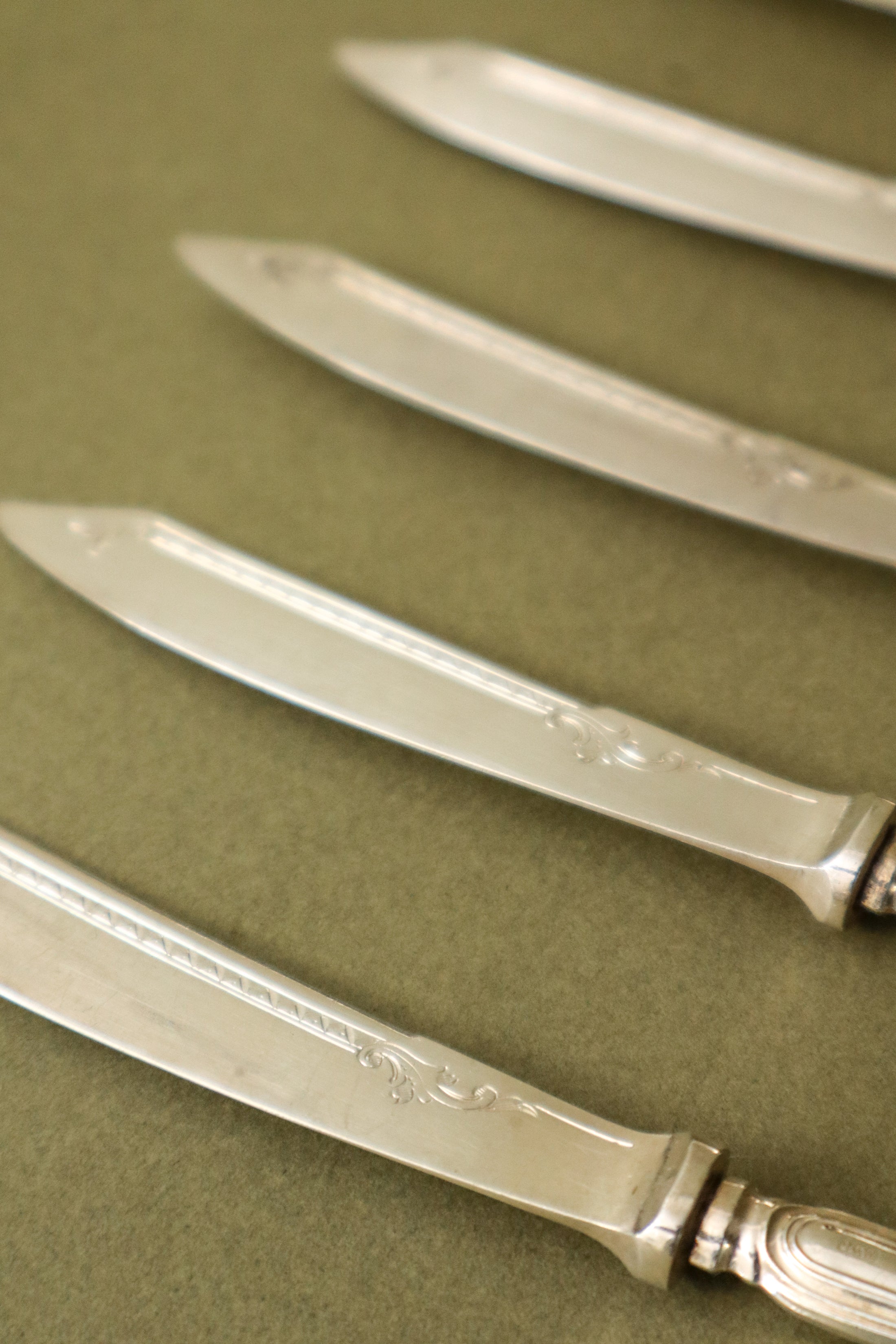 SET of 5 | Antique English Silver Plate Handle Knives with Delicate Etching
