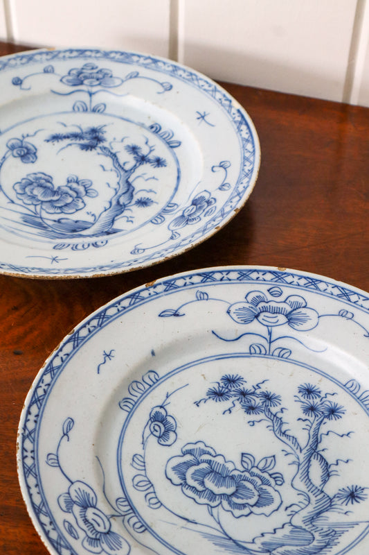 Pair of 18th Century Blue + White Delft Plates