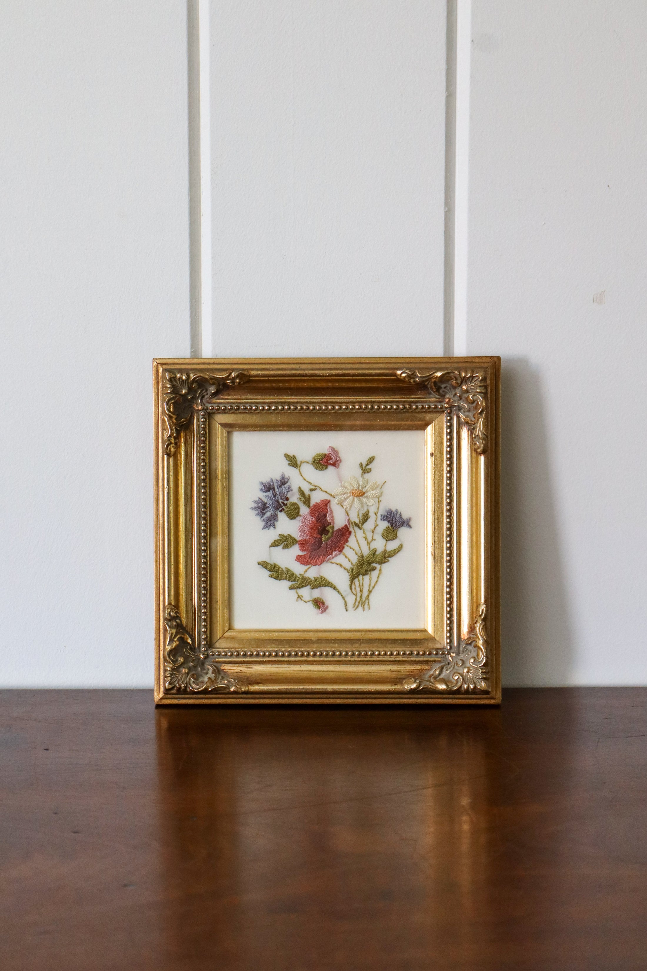 French Framed Silk Embroidery Floral Bouquet (c. 1920)