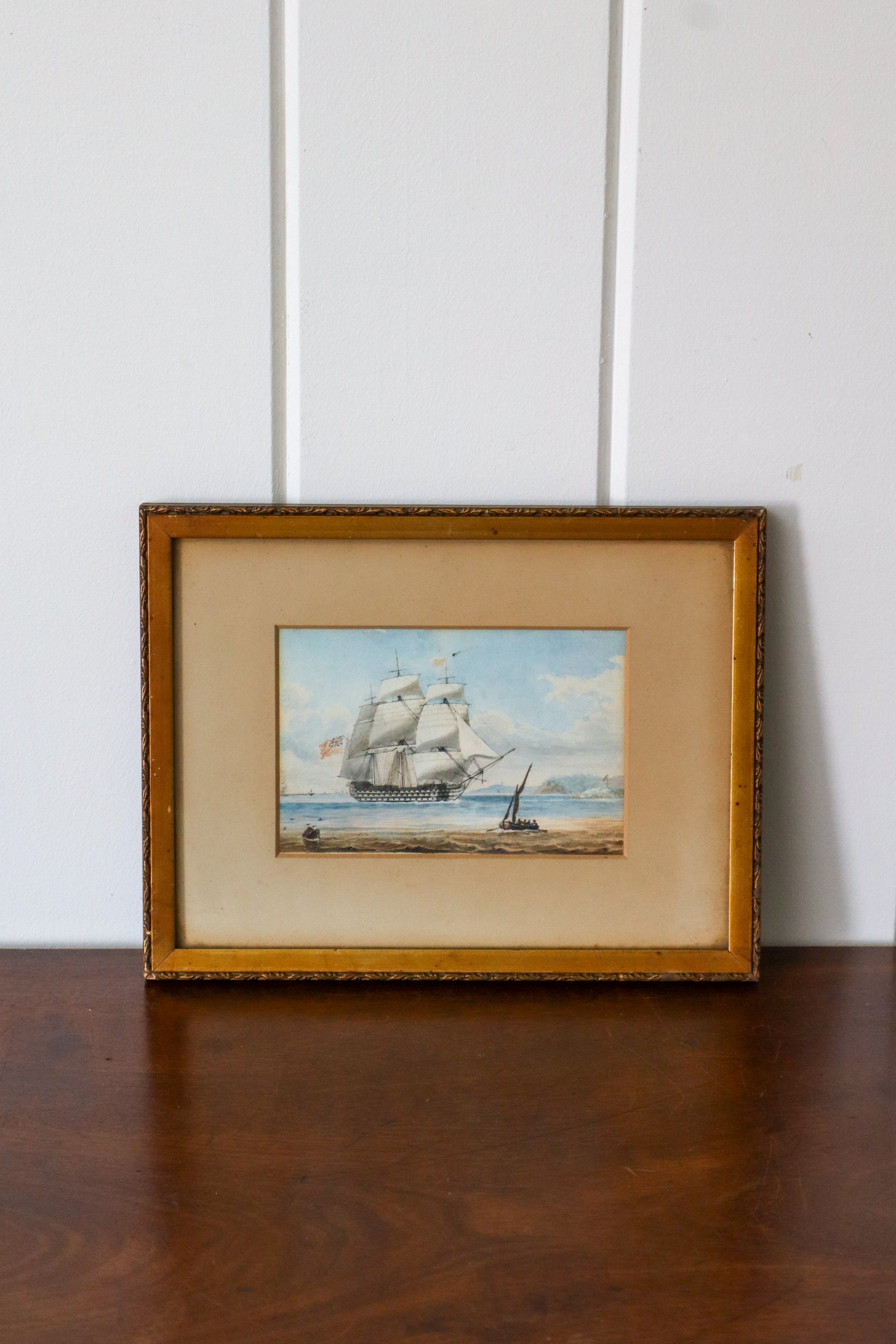 19th Century HMS Britannia Original Watercolor in Gold Frame (c. 1835)