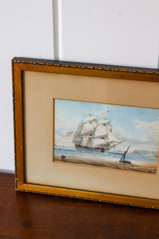 19th Century HMS Britannia Original Watercolor in Gold Frame (c. 1835)