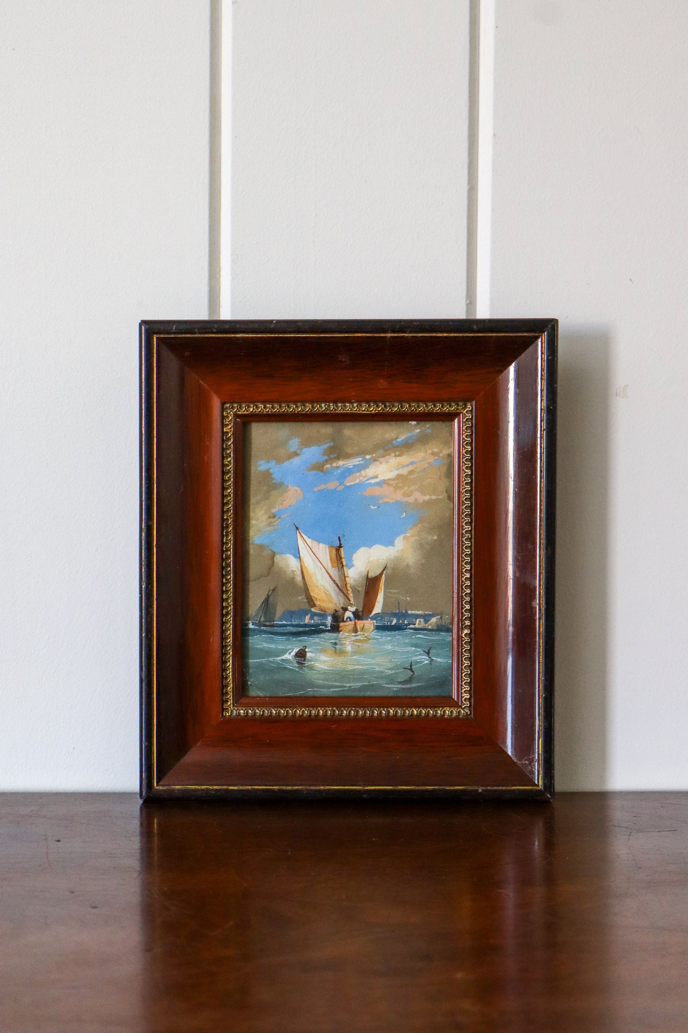 Original Seascape Watercolor in Cherry Hue Oak Frame
