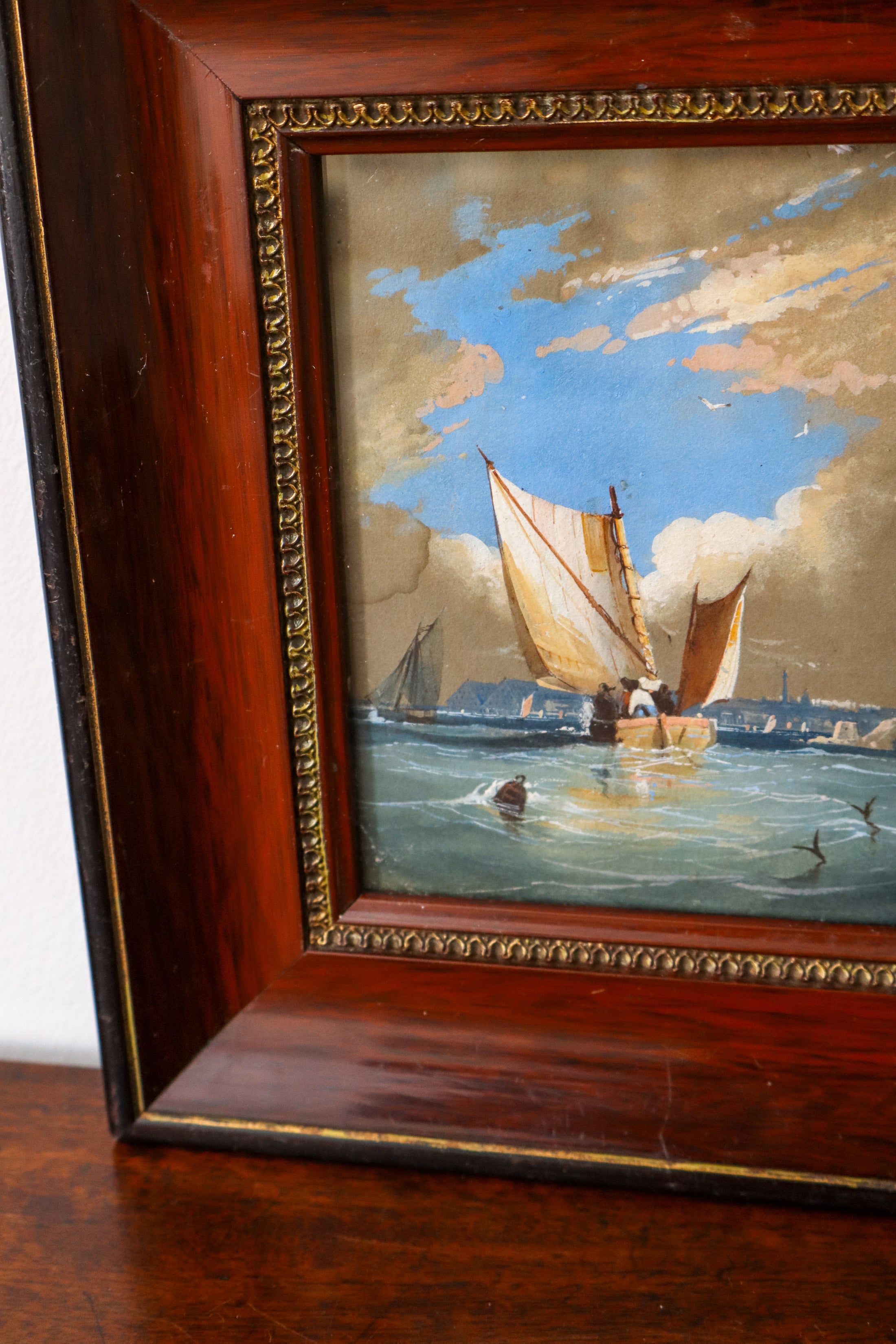 Original Seascape Watercolor in Cherry Hue Oak Frame