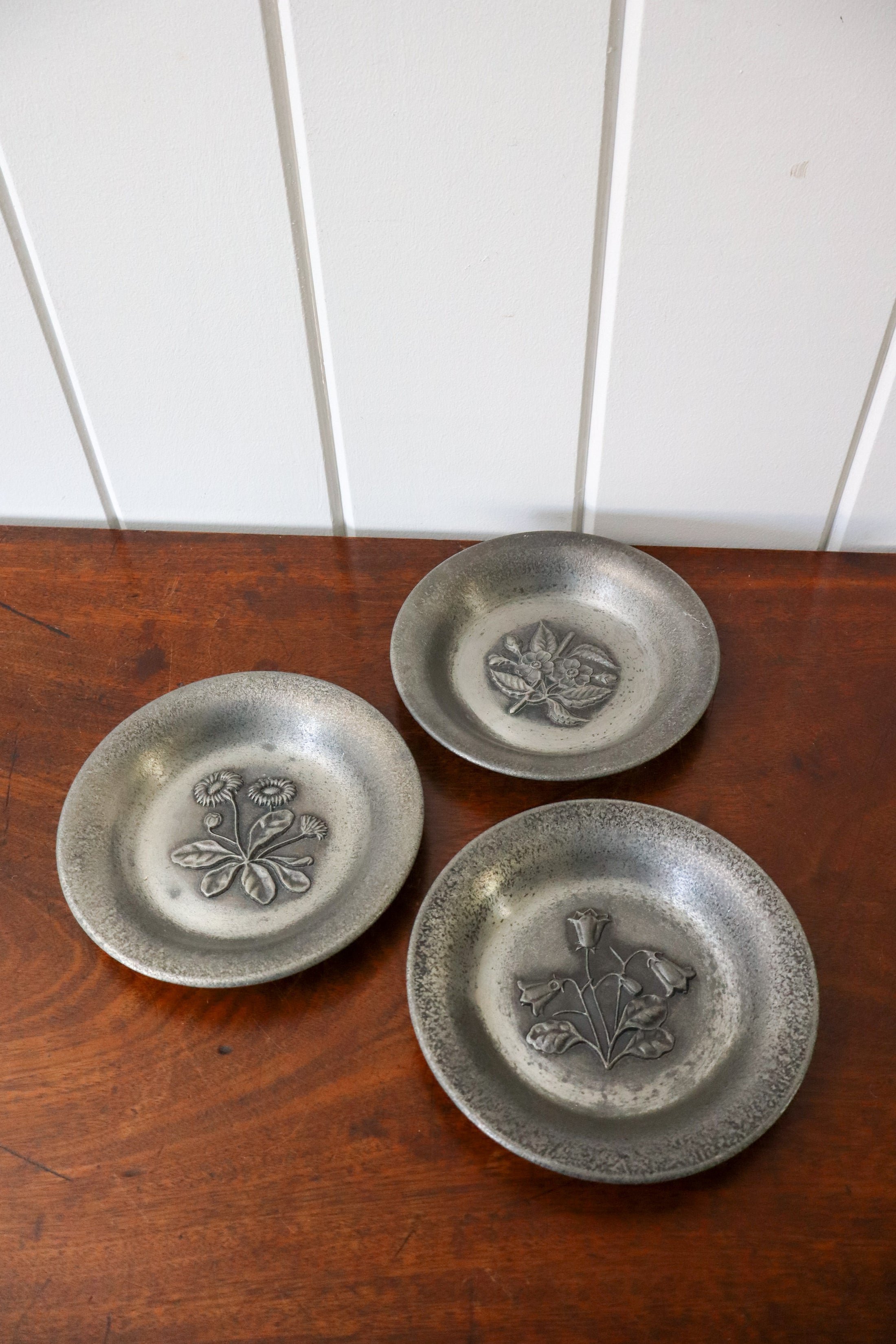SET of 3 | Norwegian Pewter Floral Plates by Eik Tinn (c. 1970s)