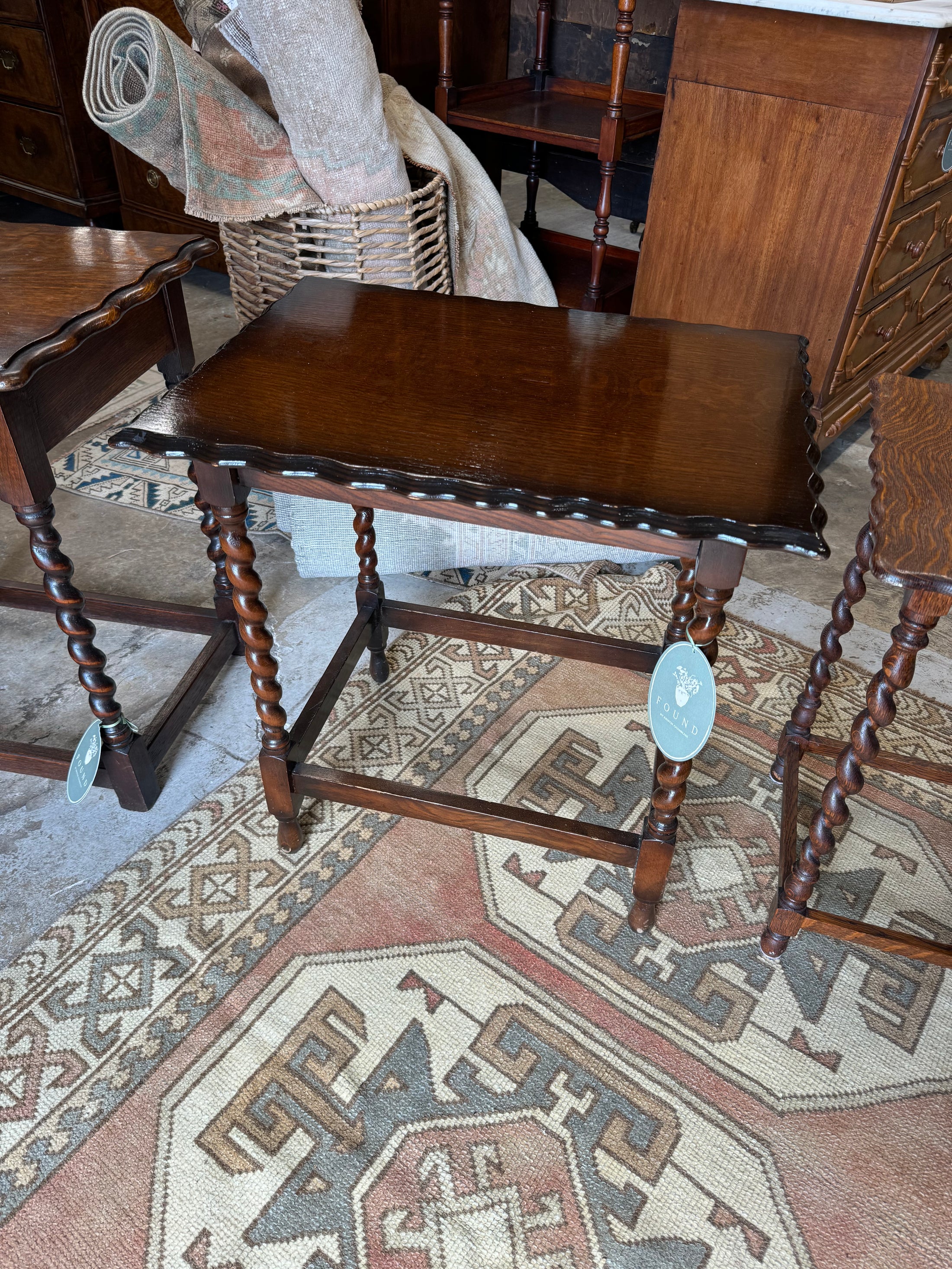 Dark Oak Barley Twist Side Table with Scalloped Edge + Teardrop Feet