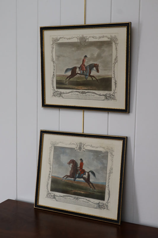 PAIR 18th Century Hand Colored Riding Engravings by Richard Houston (c. 1755)