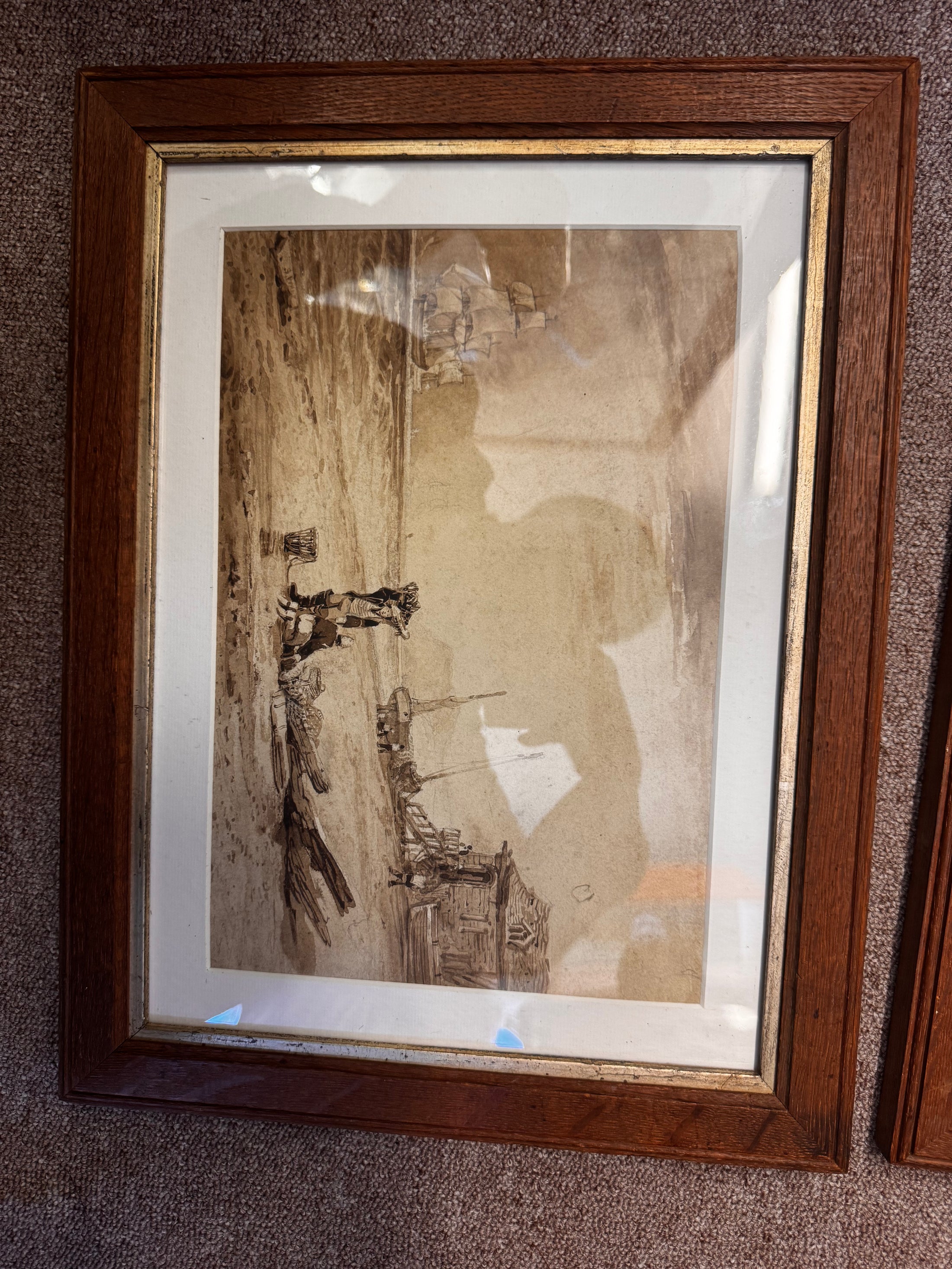 Sepia Watercolor Beach Scene in Oak Frame