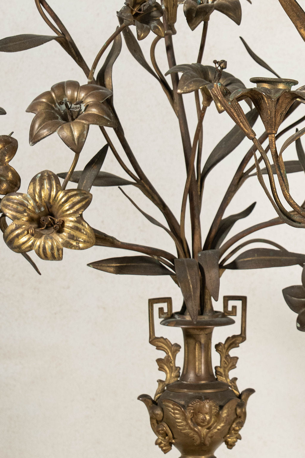 PAIR of 19th Century French Bronze Floral Toile 5-Candle Candelabras