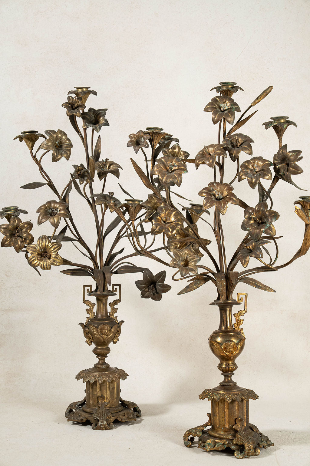 PAIR of 19th Century French Bronze Floral Toile 5-Candle Candelabras