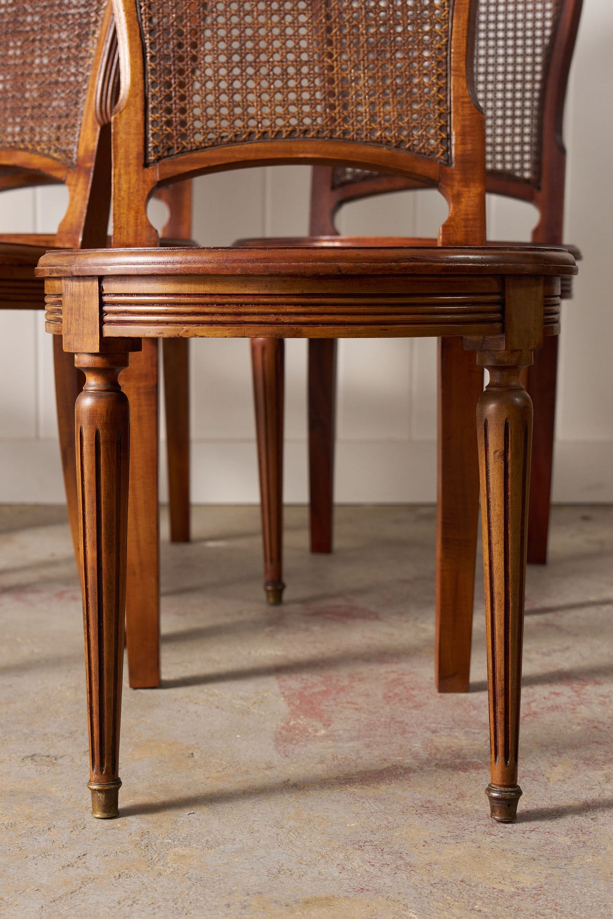 SET of 6 | French Louis XVI Style Dining Chairs with Hand Caned Seats + Backs with Fluted Legs (c. 1920)