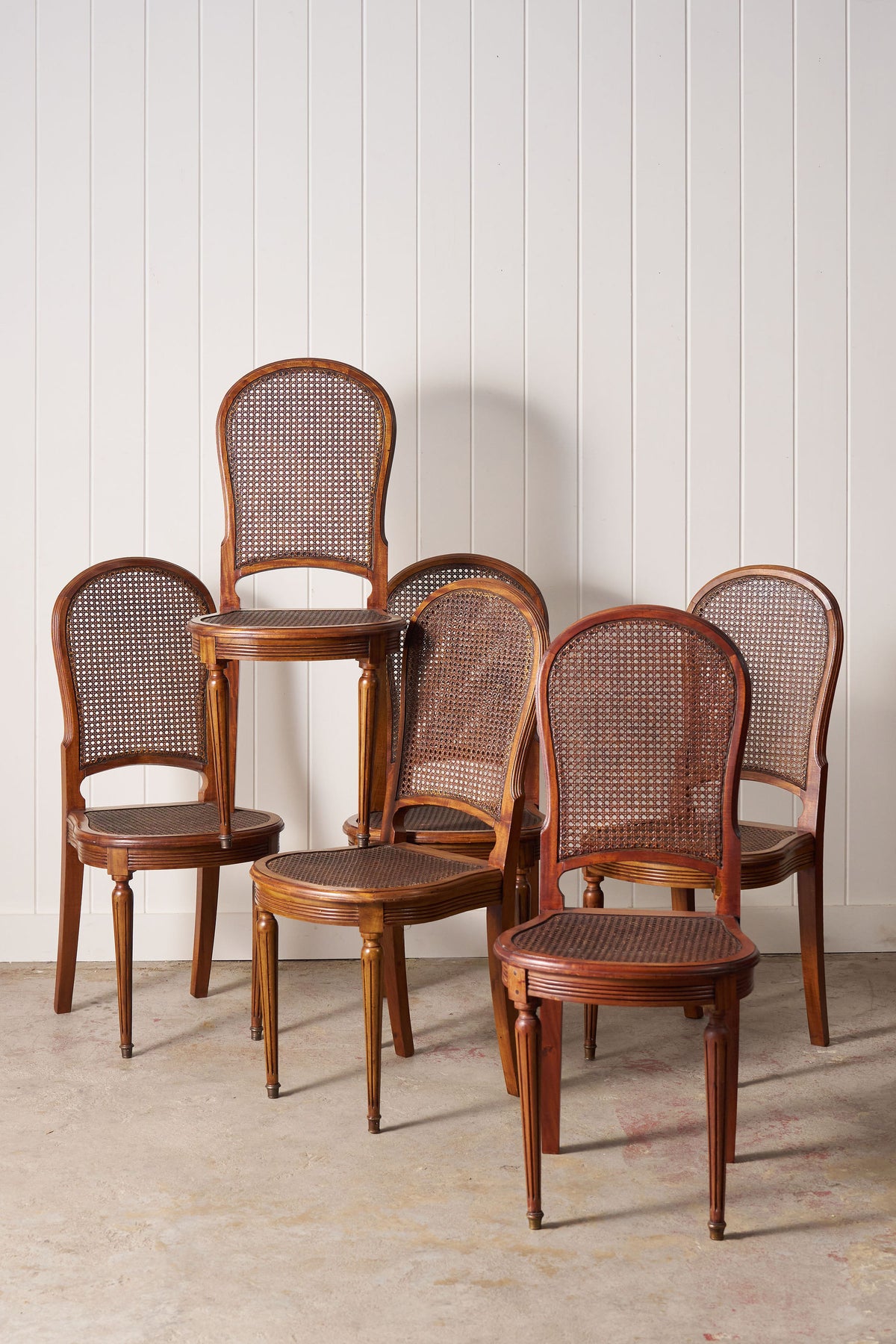 SET of 6 | French Louis XVI Style Dining Chairs with Hand Caned Seats + Backs with Fluted Legs (c. 1920)