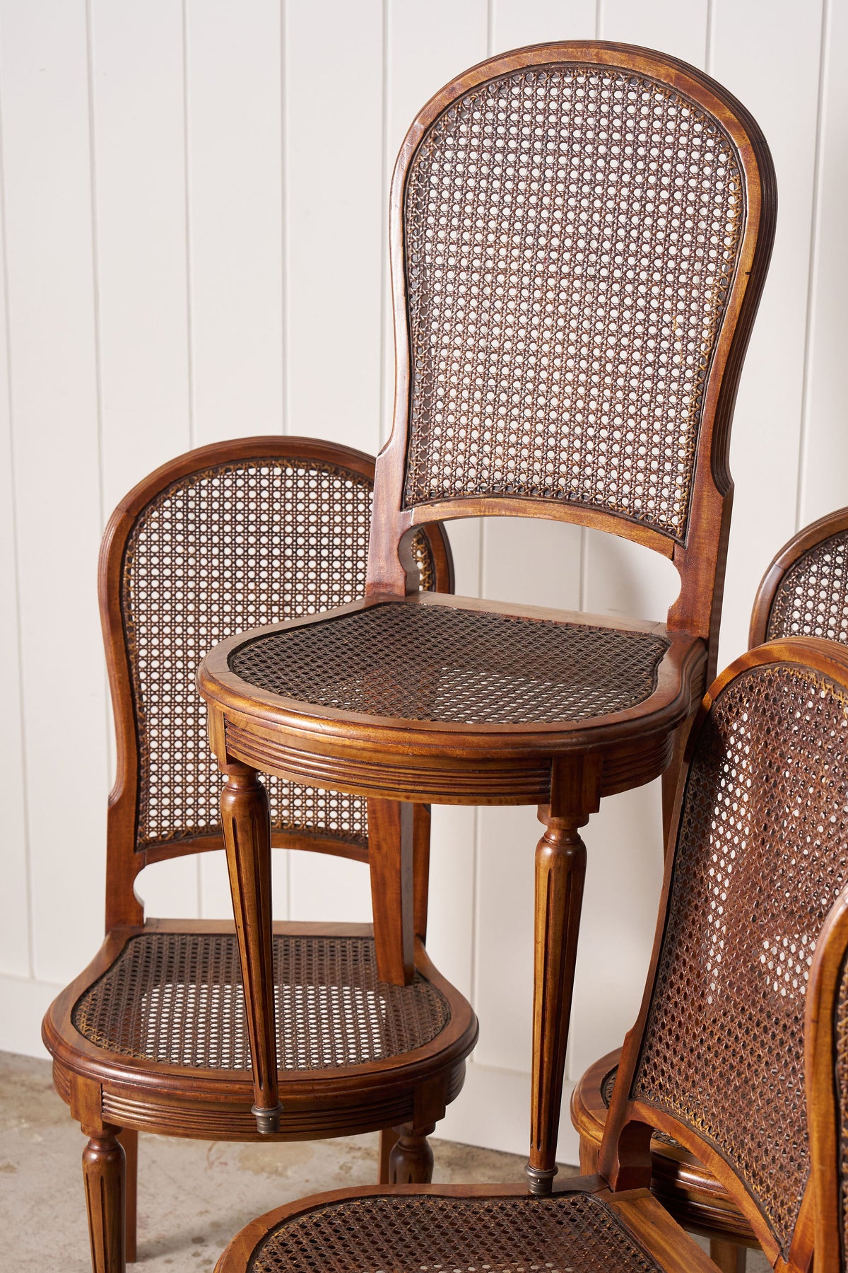 SET of 6 | French Louis XVI Style Dining Chairs with Hand Caned Seats + Backs with Fluted Legs (c. 1920)