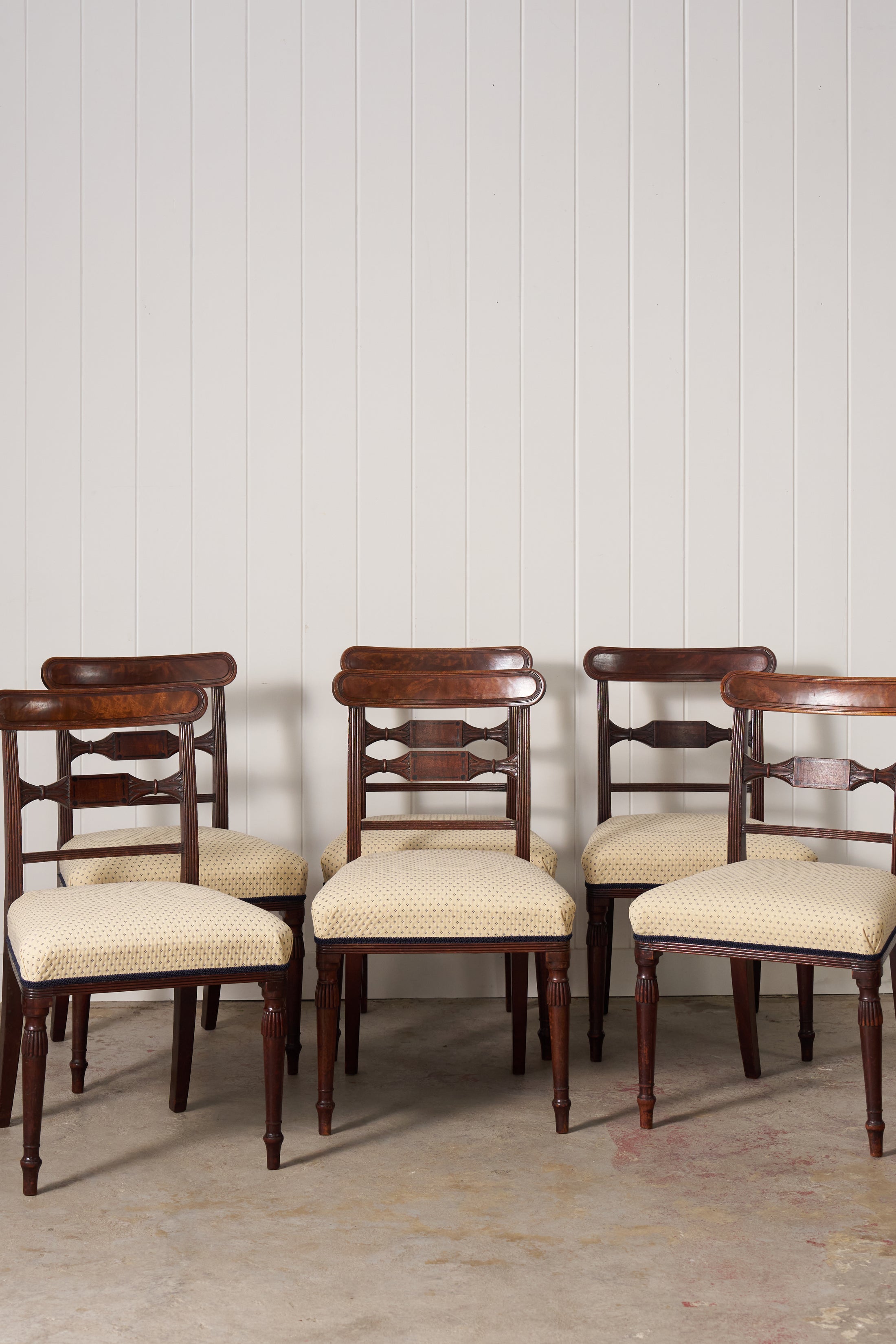 SET of 6 | English Victorian Mahogany Dining Chairs with Newly Upholstered Tiny Blue Dot Fabric