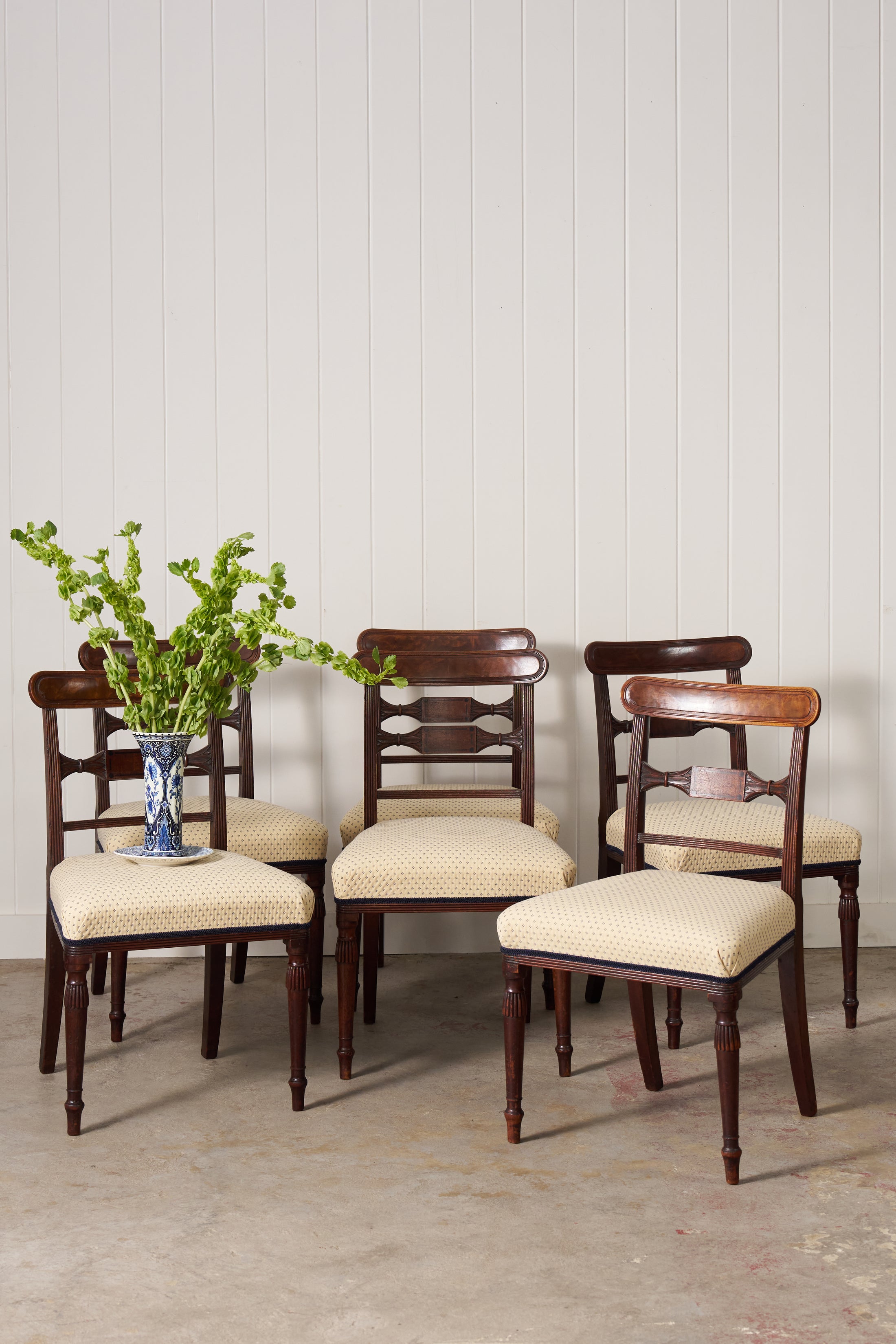 SET of 6 | English Victorian Mahogany Dining Chairs with Newly Upholstered Tiny Blue Dot Fabric