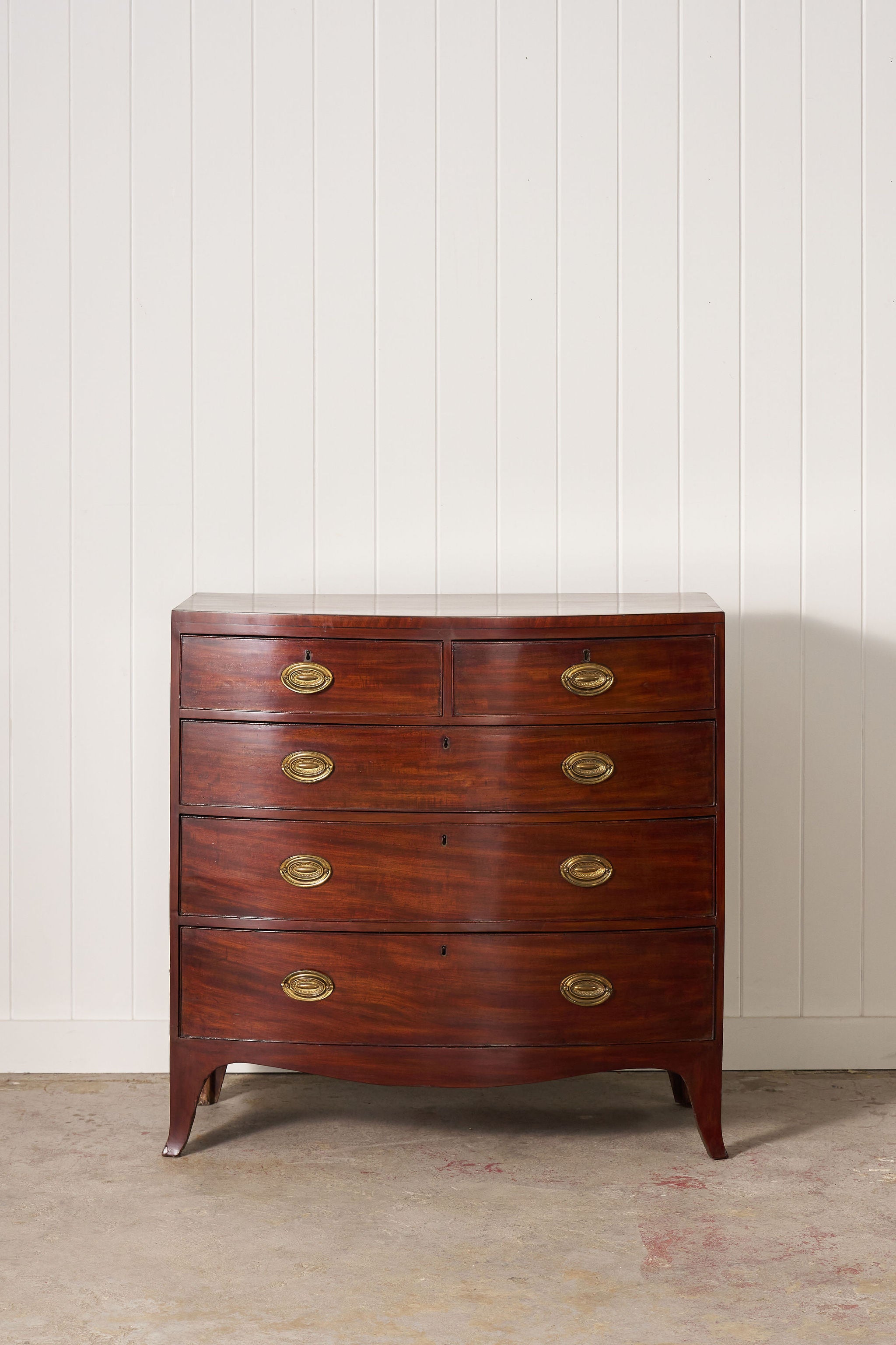 English Regency Mahogany + Ebonized Banded Bowfront Chest (c. 1820)