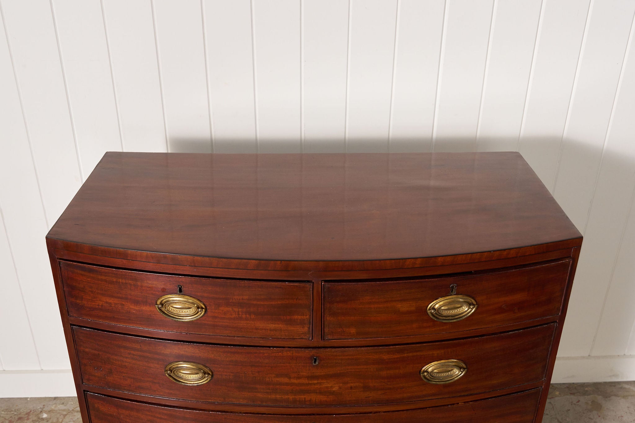 English Regency Mahogany + Ebonized Banded Bowfront Chest (c. 1820)