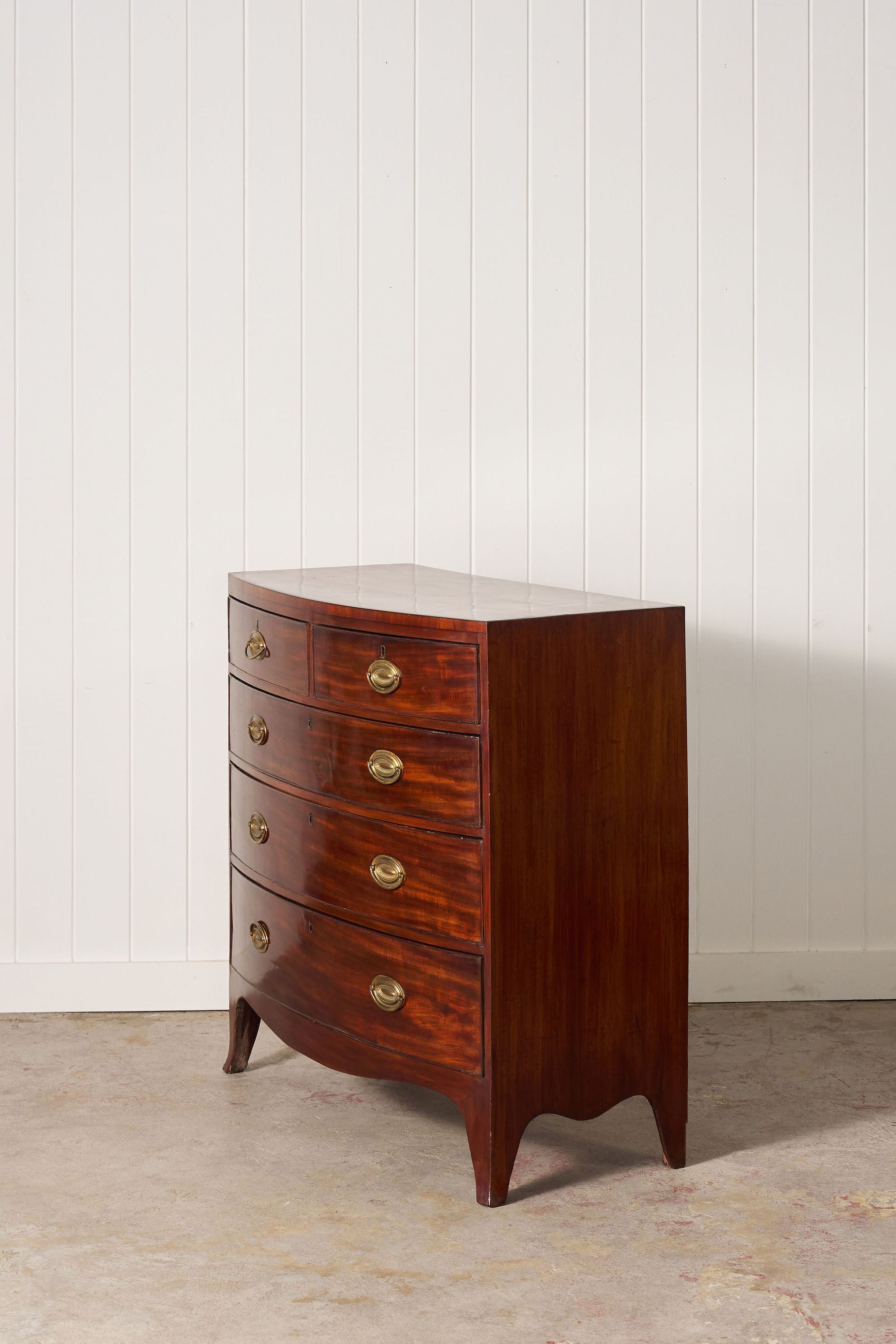 English Regency Mahogany + Ebonized Banded Bowfront Chest (c. 1820)