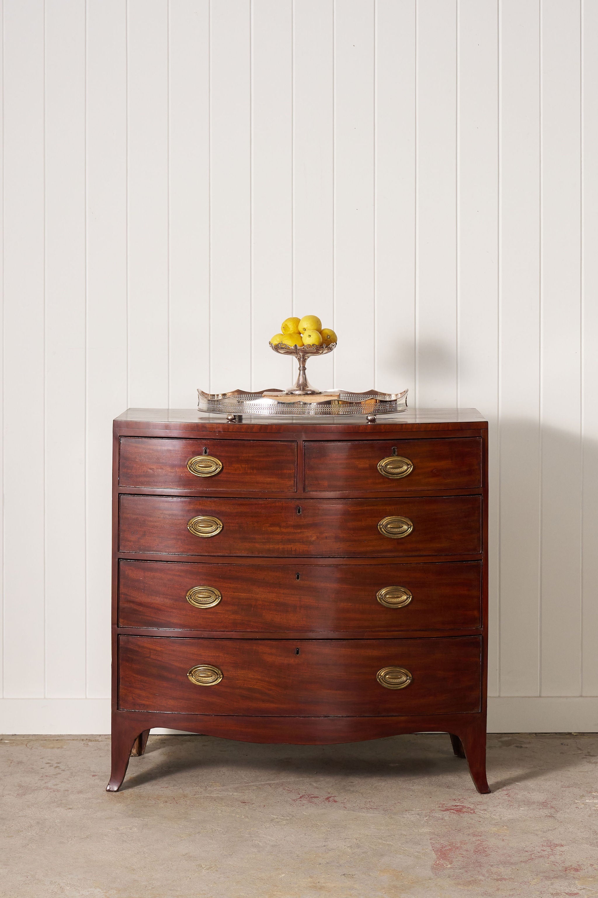 English Regency Mahogany + Ebonized Banded Bowfront Chest (c. 1820)