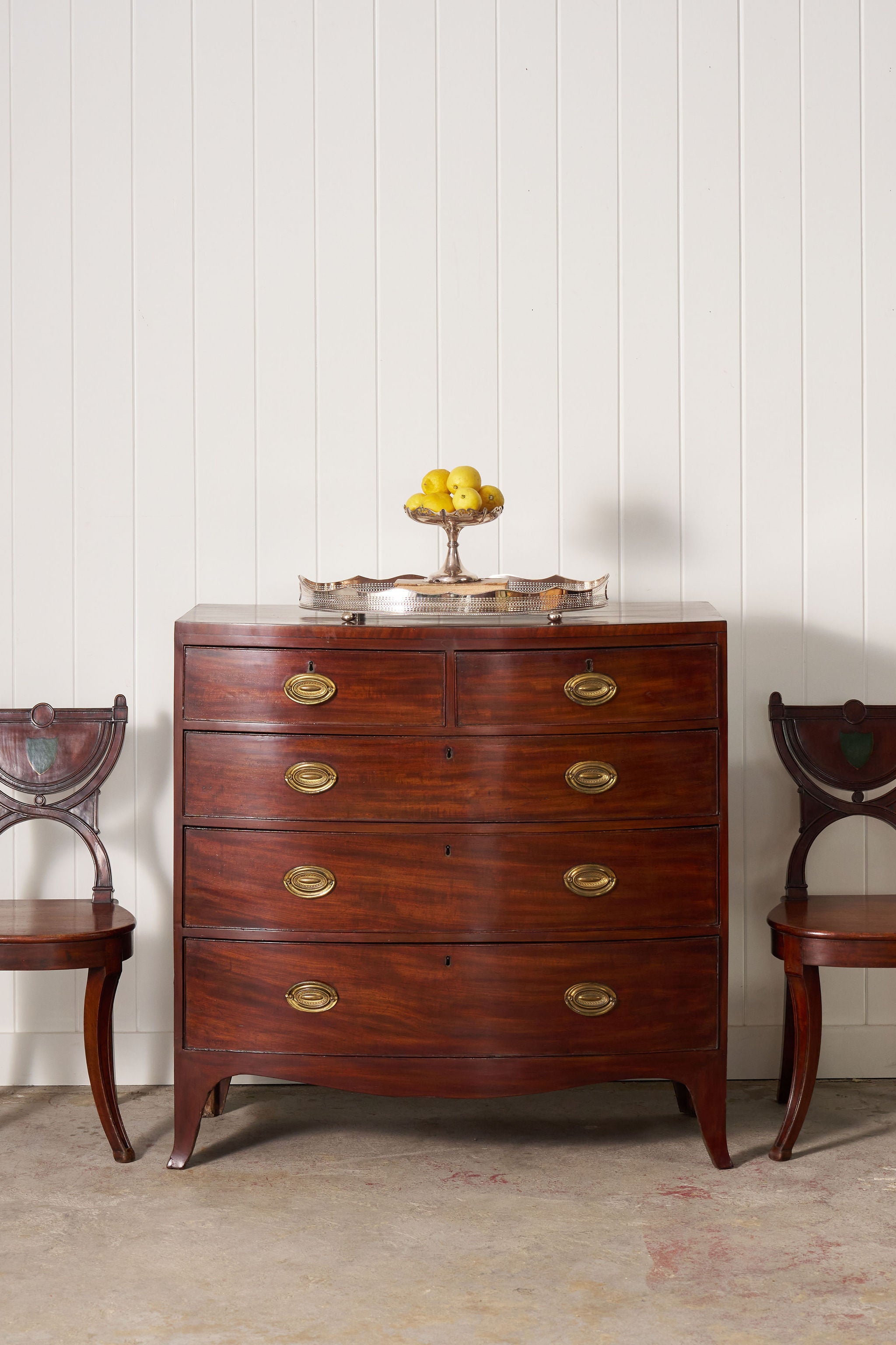 English Regency Mahogany + Ebonized Banded Bowfront Chest (c. 1820)