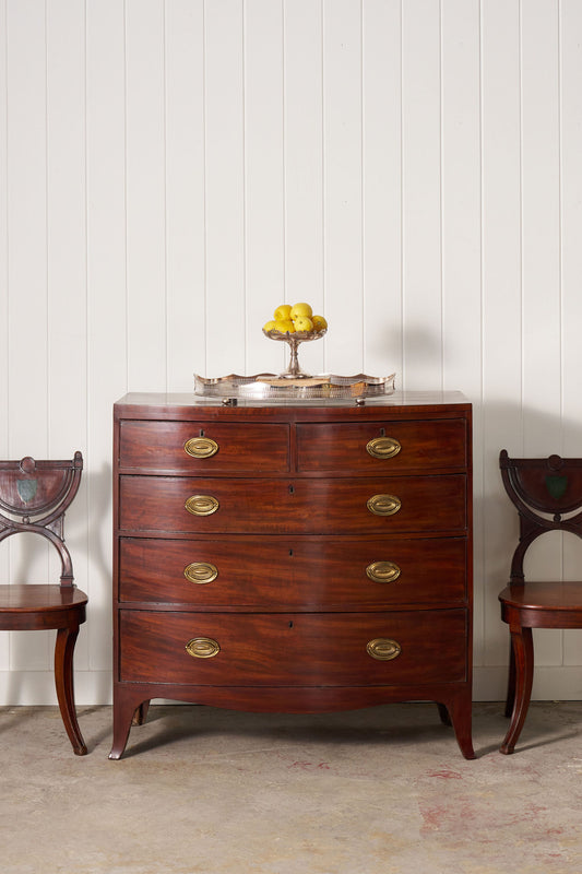 English Regency Mahogany + Ebonized Banded Bowfront Chest (c. 1820)