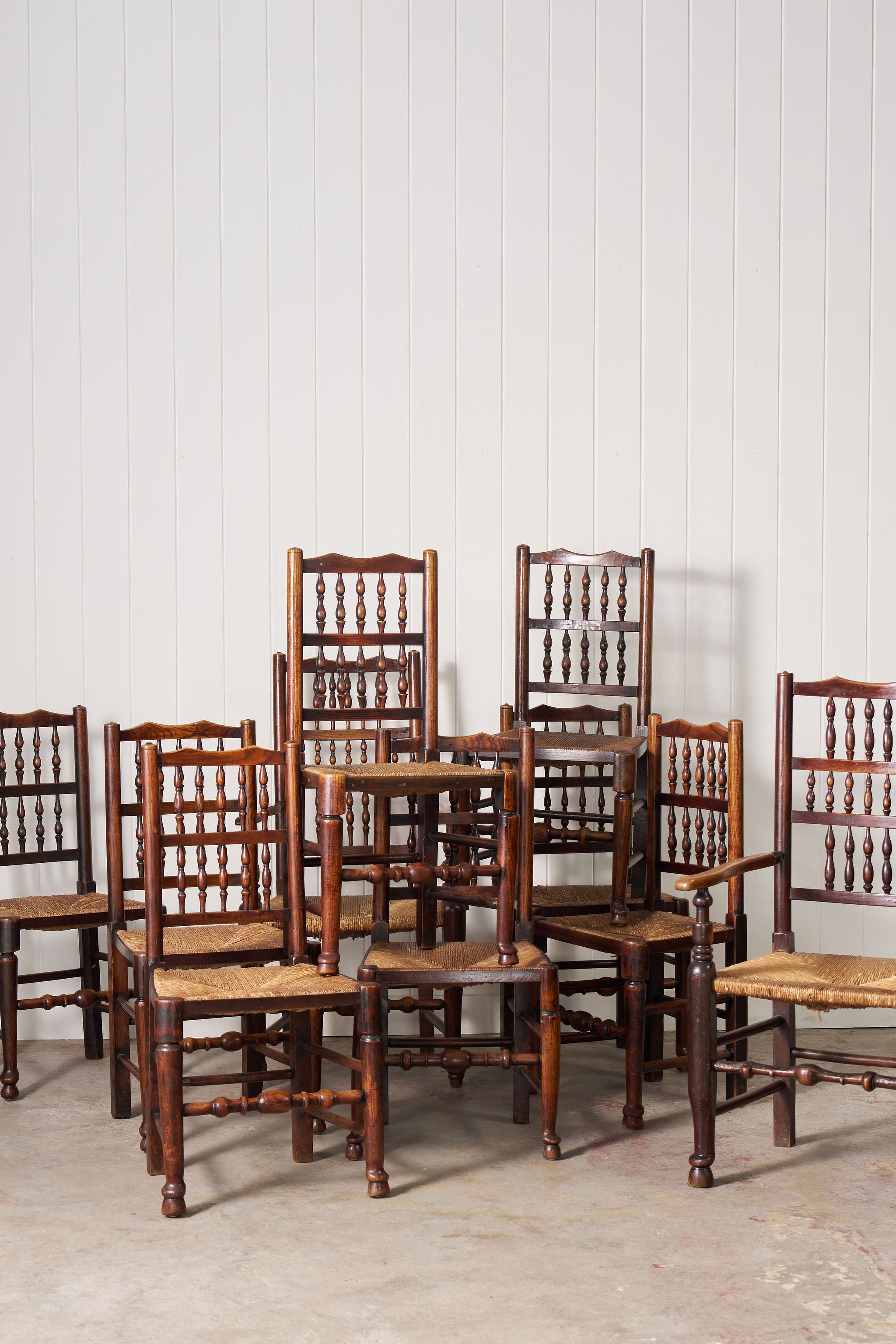 Set of 10 Late 18th Century Oak English Lancaster Spindle Rush Seat Chairs | 2 Arm Chairs & 8 Side Chairs