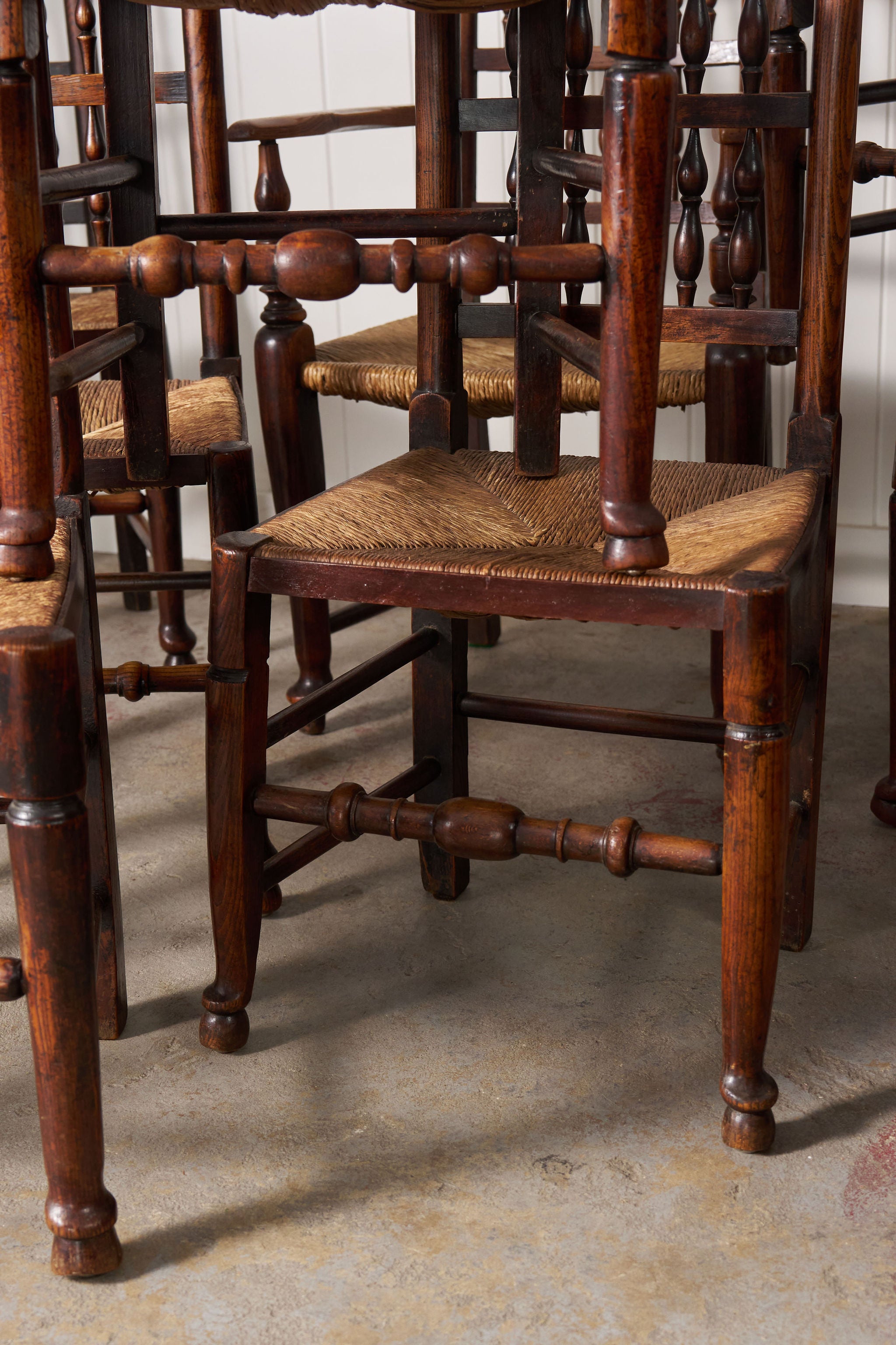Set of 10 Late 18th Century Oak English Lancaster Spindle Rush Seat Chairs | 2 Arm Chairs & 8 Side Chairs